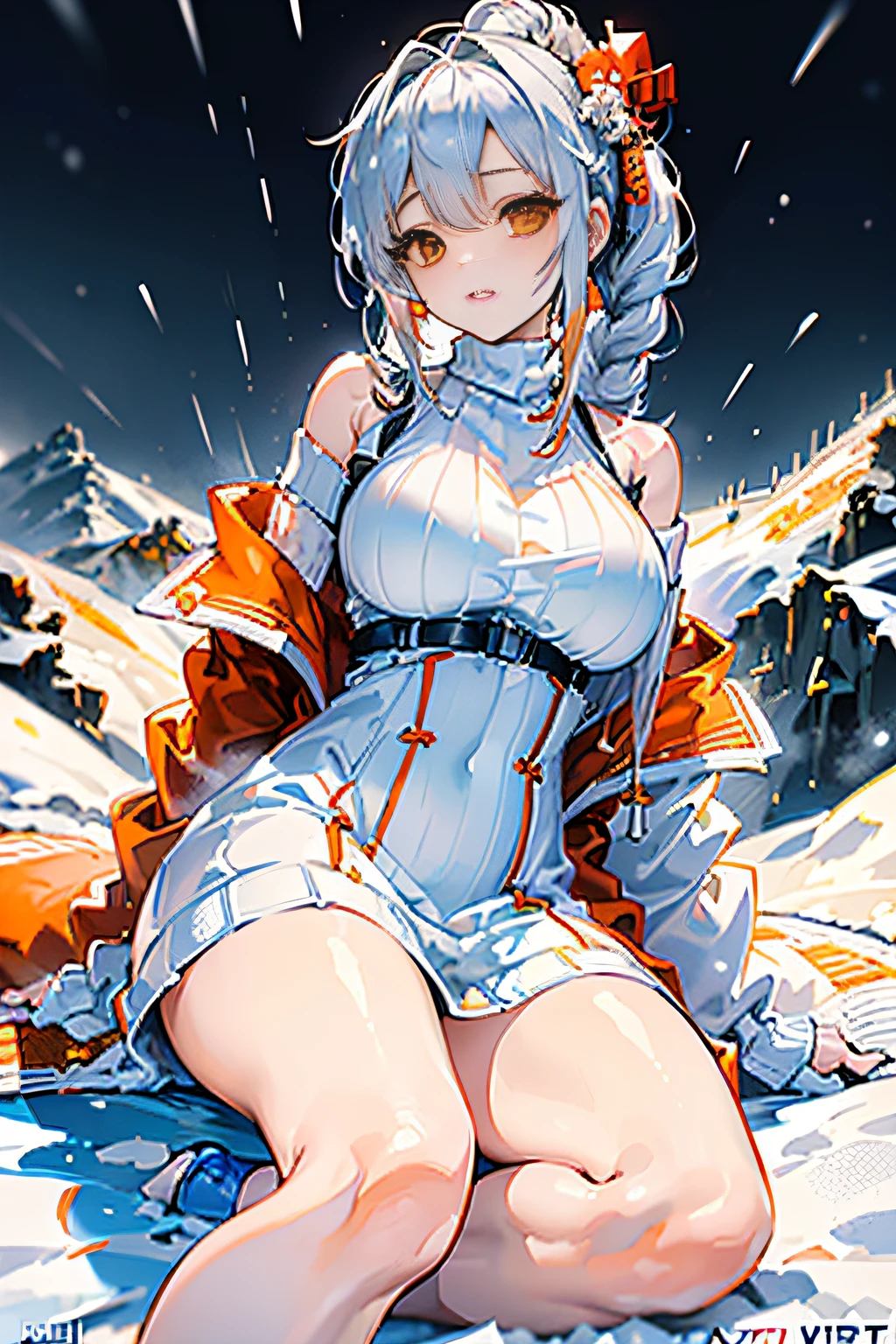 nsfw, (wearing nothing: 1.5), large breasts., 1 girl, empty eyes ,snow mountain, a girl, airplane, ice texture, trading card, furious, crying, absurdly long hair, silver hair, odd eyes, aqua eyes, silver eyes, , beautiful breasts, hair ribbon, ager, japanese idol, african, at funeral, fair skin, nipple , wet