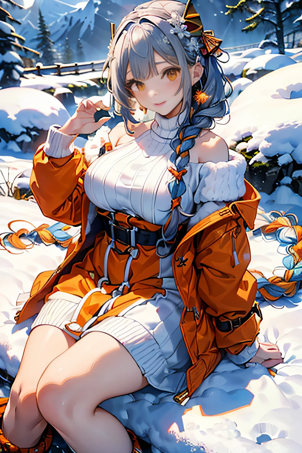 (ukiyoe painting:1.3),(3D Animation:1.3),(((in snow:1.3))),(covered in snow:1.3),(((Snow on the body:1.3))),(Make the subject look three-dimensional with the contrast of light and shadow),(((Winter snowy mountain climbing scenery:1.3))),cute and beautiful adult woman,Cute round face,Cute smile,with blush cheeks,Red Lip,(((Orange Open Short Duffle Coat:1.3))),(((Off-the-shoulder sweater dresses:1.3))),Knitted hats,long boots,gloves,(silver white hair,Floral braided headband,half up、Floral Braided Space Van,Voluminous Fishtail Braids,Twisted chignon,),(Bangs are see-through bangs),hair pin,hair adornments,(((Emphasize large breasts:1.3))),breast slip,detailed clothes features,Detailed hair features,detailed facial features,(Dynamic angles),(Dynamic and sexy poses),profetional lighting,Cinematic Light,(masutepiece,top-quality,Ultra-high resolution output image,) ,(The 8k quality,depth of fields,Anatomically accurate facial structure,),(Sea Art 2 Mode:1.3),(Image Mode Ultra HD,)