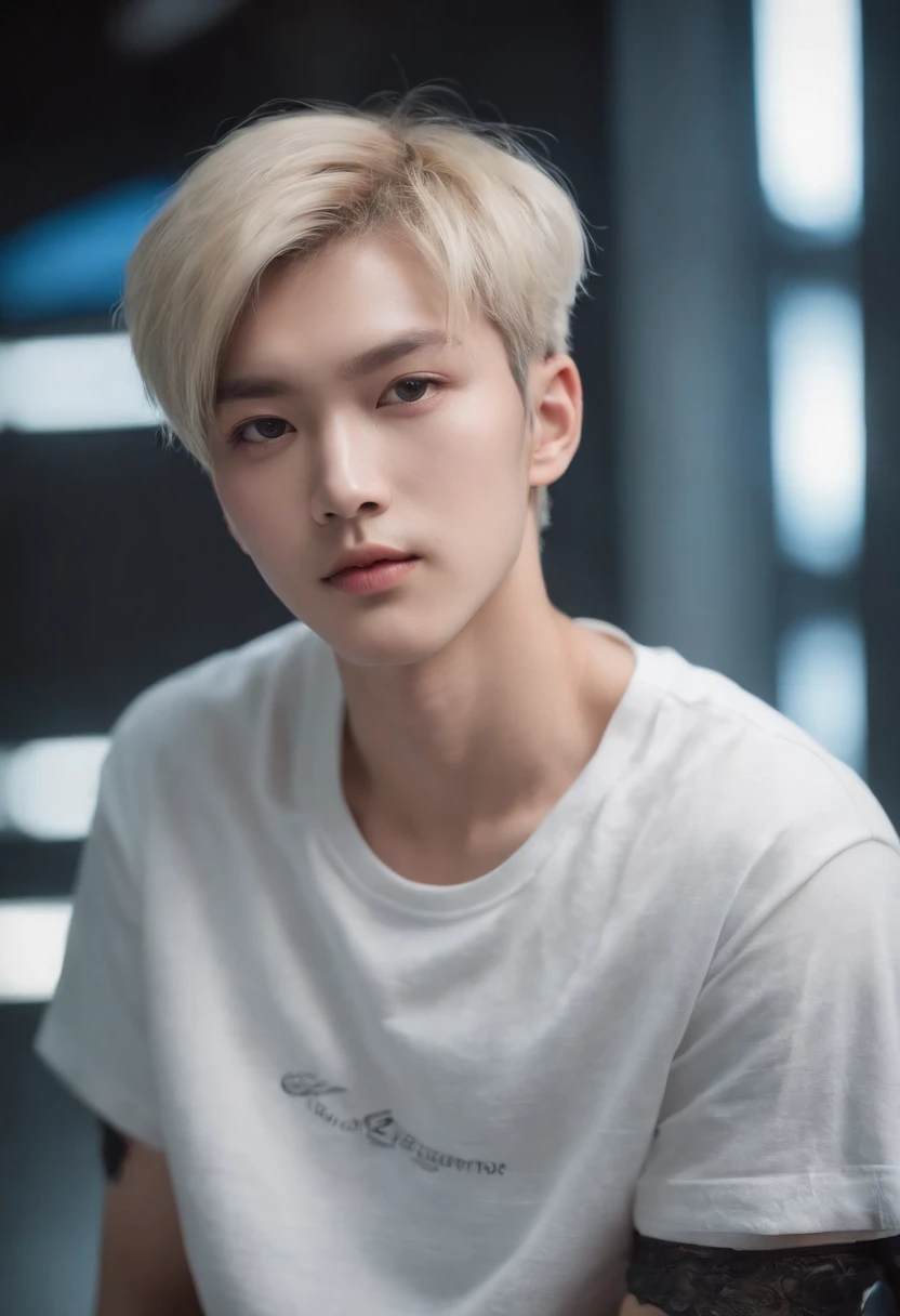 Hwang Hyun Jin 21 year old front portrait photo, .raw, beautiful man, Semi-open strawberry lip, dimples, Melancholy gaze, blue eyes, Big pupils, big eyelashes, (extra short blonde hair), ((详细的脸)), ((detailed facial features)), (finely detailed skin), pale skin, (Detailed high-tech cyberpunk T-shirt with deep neckline), Cyberpunk environment cyberpunk mega city, (cool color), a sultry, a sultry, Reflectors, (Master Parts) (Perfect aspect ratio) (photos realistic) (Best Quality) (detailliert) Shot with Canon EOS R5, Spring 50mm, F/2.8, nffsw, (8K) (wall-paper) (Cinematic lighting) (Dramatic Lighting) (foco nítido) (Convoluted)