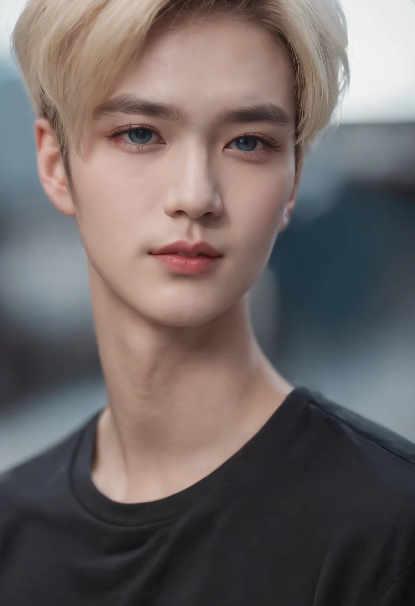 Hwang Hyun Jin 21 year old front portrait photo, .raw, beautiful man, Semi-open strawberry lip, dimples, Melancholy gaze, blue eyes, Big pupils, big eyelashes, (extra short blonde hair), ((详细的脸)), ((detailed facial features)), (finely detailed skin), pale skin, (Detailed high-tech cyberpunk T-shirt with deep neckline), Cyberpunk environment cyberpunk mega city, (cool color), a sultry, a sultry, Reflectors, (Master Parts) (Perfect aspect ratio) (photos realistic) (Best Quality) (detailliert) Shot with Canon EOS R5, Spring 50mm, F/2.8, nffsw, (8K) (wall-paper) (Cinematic lighting) (Dramatic Lighting) (foco nítido) (Convoluted)
