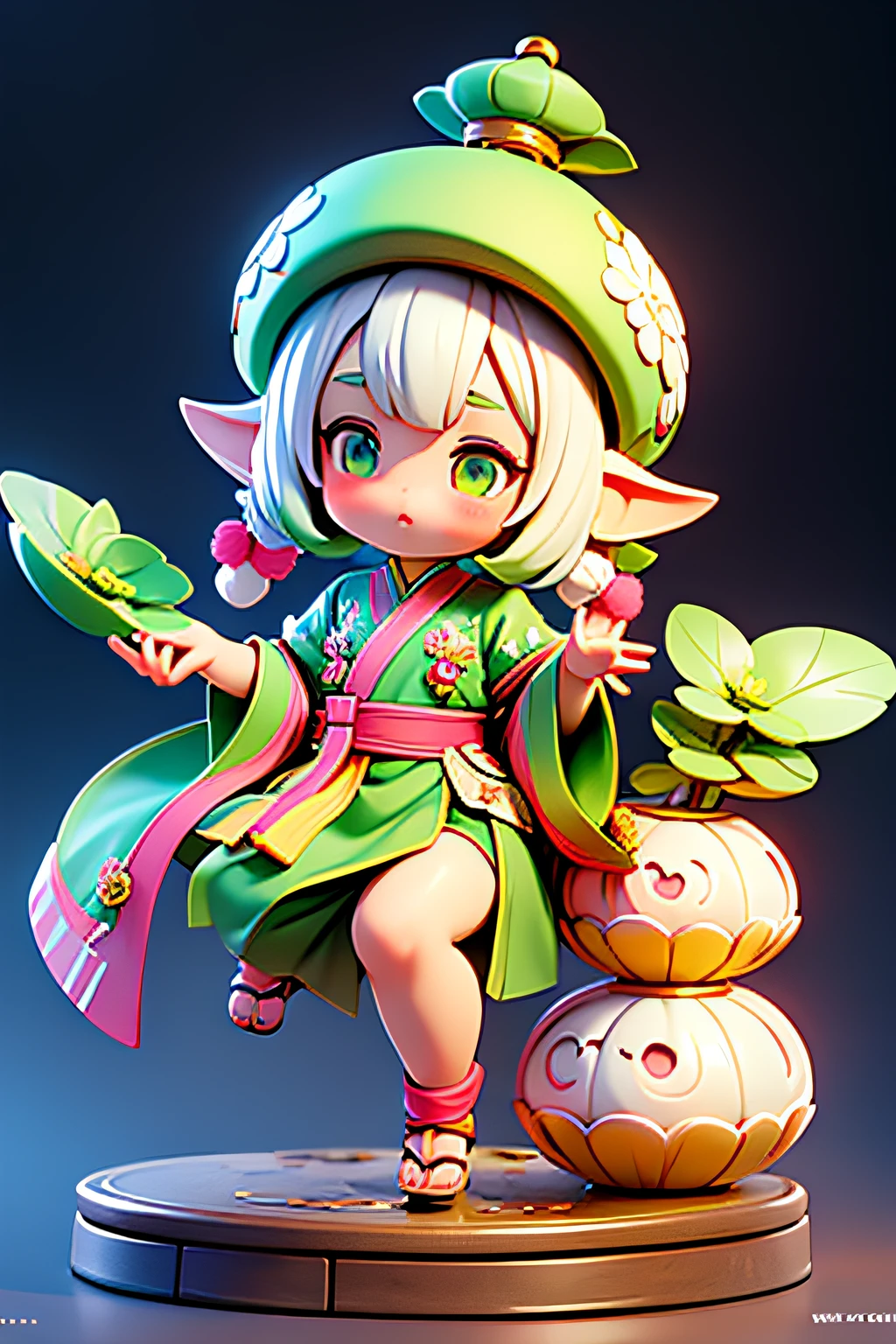 Full body lesbian(Mini Q version)，Cute Chinese Manchu girl，early spring clothing，man in green，lotus leaf shaped hat，Lotus in hand，vibrant with colors，Manchu elements，Complicated details，plethora of colors，Frosted glass，Bubble Mart IP，Blind box mini model，A blind box toy，Delicate gloss，clean backdrop，3 Rendering，OC Render，Best Picture Quality，8K，super detailing，