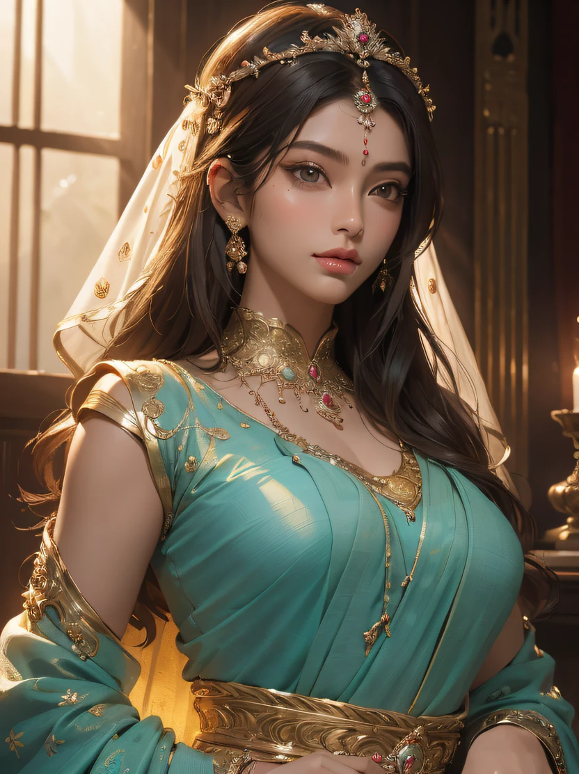 ((masterpiece、top-quality、realisitic、ultra-detailliert、hight resolution、Photorealsitic、foco nítido、lighting like a movie))、Stunning portrait of a beautiful woman、face lights、High brightness、Frontal lighting、cowboy shot、(Complex and beautiful facial features、Brown skin、Attractive body)、Modern Indian Goddess、(Transparent Red Sari)、Dynamic Pose、diadems、rich colours、Goddess of Heaven、Look at viewers、Accurate hand depiction、Detailed hand depiction