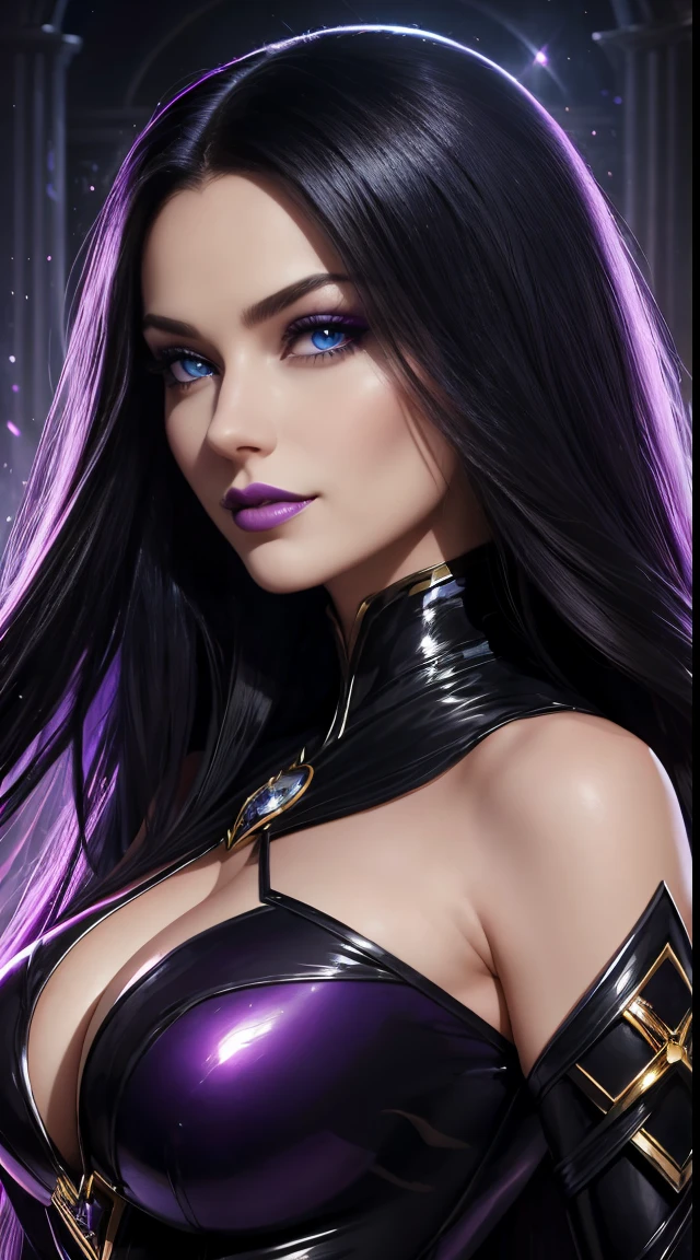 Portrait of a super villainess with an hourglass figure, long wavy black hair, full purple lips, black shiny outfit, alluring blue eyes, facing viewer, looking at viewer with coy smile, magical, beautiful detailed face, super realistic, real, Artgerm, dark fantasy