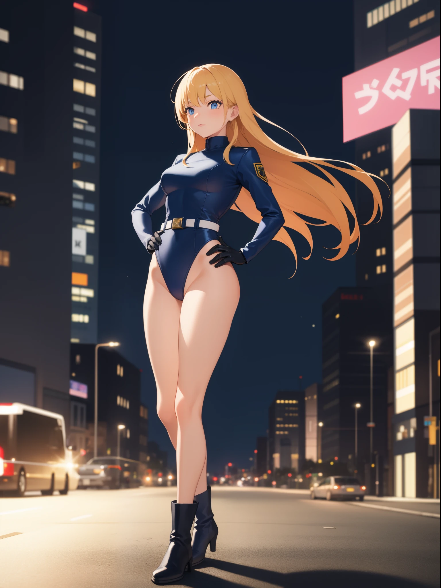 1girl, medium breasts, leotard, bare legs, tight belt, boots, gloves, city backdrop, solo, single, hands on hip, standing, energy emitting from her body, full body shot, cowboy shot, superpower