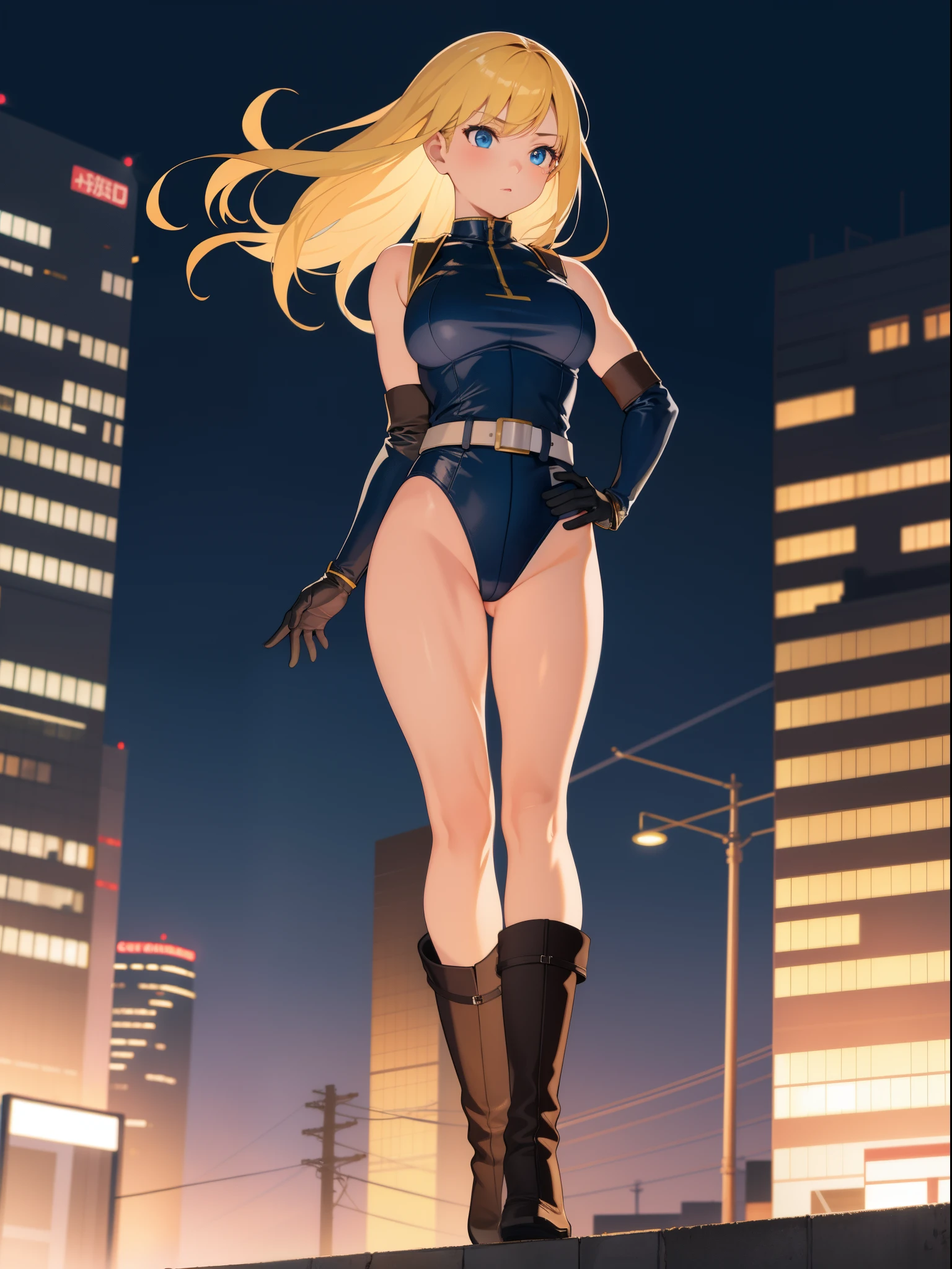 1girl, medium breasts, leotard, bare legs, tight belt, boots, gloves, city backdrop, solo, single, hands on hip, standing, energy emitting from her body, full body shot, cowboy shot, superpower