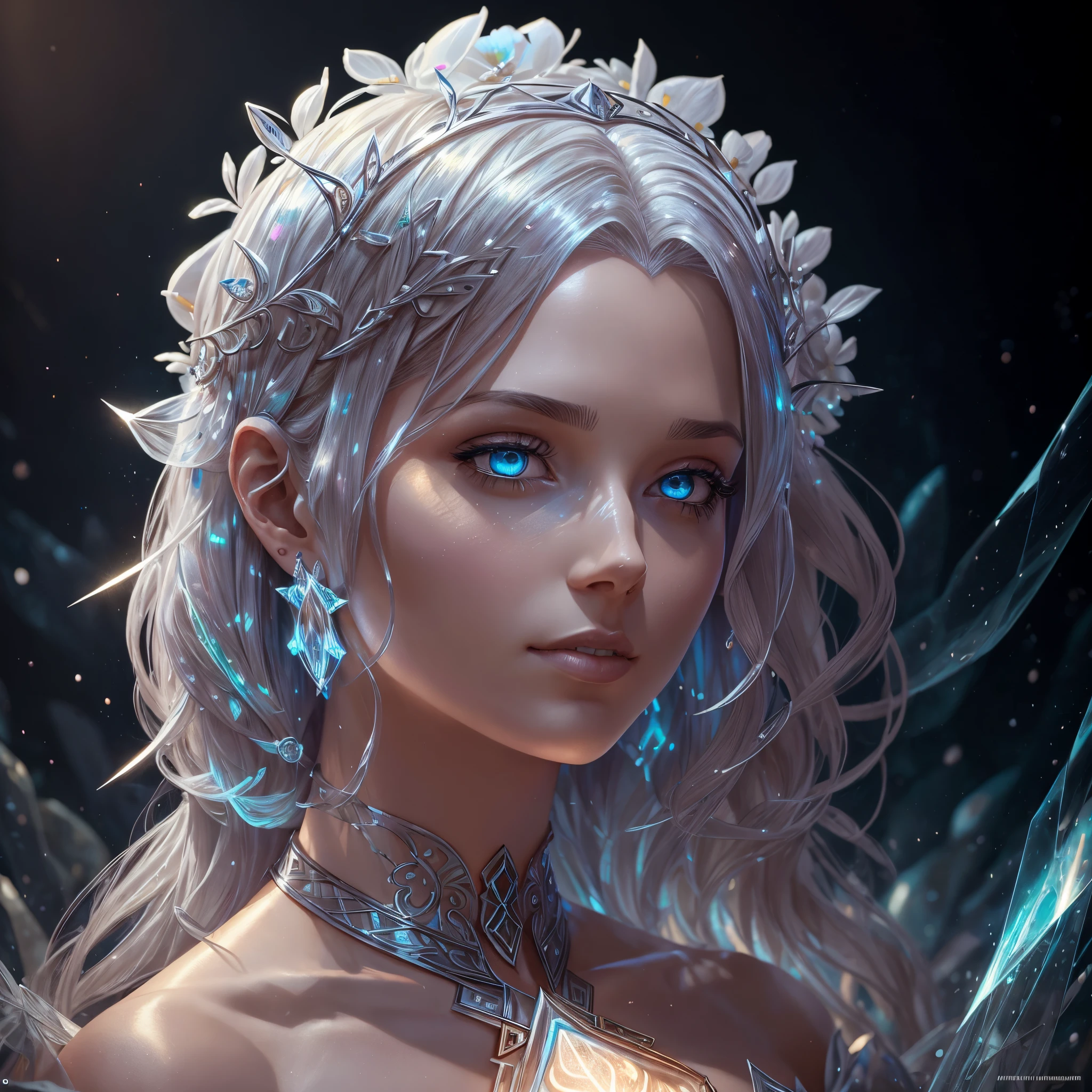 illustration, cinematic light, highres, highest quality, ultra detailed, detailed face, (detailed eyes), best quality, hyper detailed, masterpiece, (detailed face), clean face, mature woman with white skin, angelic face staring, wears dress made of ice (blue, bright white),see through, choker made of ice,crown around ice head nsfw, high heels, blue eyes, Tiny neon spikes of platinum shiny hair, dark fantasy forest, bright plants with neon details, dark magic, (portal:1.15) to the ocean in the background, reflection of light, heart-shaped iris, playful eyes, open shoulder, rain, (wet body), small shiny butterfly, long hair with neon blues and whites
