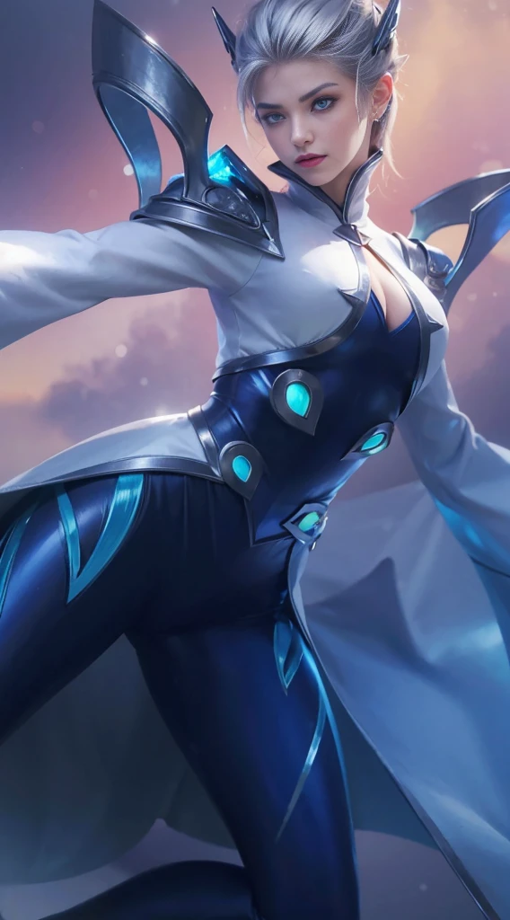 (female:1.2), 8k, ultra hd, ultra detailed texture, hyper realistic, masterpiece, detailed texture, detailed face, detailed skin, detailed lighting, (photorealistic:1.5), best quality, beautiful lighting, cinematic lighting, professional lighting, ultra highres, realistic, detailed hair, real hair, high quality, (realskin:1.5), extremely detailed, finely detail, ultra-detailed, 1girl, solo, floating, (blue eyes:1.5), fire eyes, glowing eyes, black lips, v-shapped eyes, closed mouth, angry, colored skin, dark skin, purple skin, nose, pretty, beautiful, make up, cute face, evil smile, short hair, white hair bangs, large breasts, thigh, pauldrons, black pants, belt, purple coat, mechanical wings, armor shoulder, gloves, eudora \(mobile legends\), depth of field, looking aways, skin tight, amazing pose, glowing electric, lighting, cinematic background, elf ears