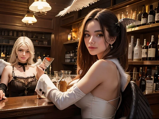(master part), (alta qualidade), cena do bar, old west saloon style, ((duas mulheres)), (perfectly proportions),amigos em uma festa, 1-uma mulher com asas de penas, (Asas Brancas), penas brancas e prateadas, female representation of angel, fumar um cigarro, Embarrassed expression. 2- A woman with fur wings, Asas de morcego, (Asas escuras), female representation of a demon, relaxed expression. Os dois conversam em um bar, cena ampla, cena interna, ambiente amplo, dance bar, classic bar, fim da noite. There are bottles scattered across the tables, poucas pessoas na sala. Behind the bar, the presence of a demon - bartender, demon wearing bartender costume, servindo bebidas