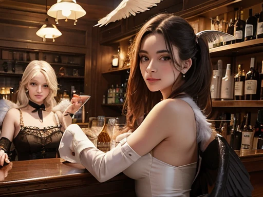 (master part), (alta qualidade), cena do bar, old west saloon style, ((duas mulheres)), (perfectly proportions),amigos em uma festa, 1-uma mulher com asas de penas, (Asas Brancas), penas brancas e prateadas, female representation of angel, fumar um cigarro, Embarrassed expression. 2- A woman with fur wings, Asas de morcego, (Asas escuras), female representation of a demon, relaxed expression. Os dois conversam em um bar, cena ampla, cena interna, ambiente amplo, dance bar, classic bar, fim da noite. There are bottles scattered across the tables, poucas pessoas na sala. Behind the bar, the presence of a demon - bartender, demon wearing bartender costume, servindo bebidas
