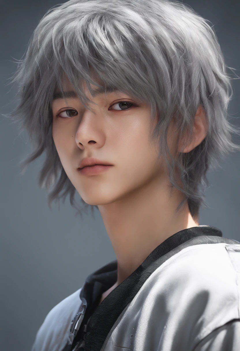 BTS boy band member Jane Jungkook with messy short gray hair, Akame, Close-up photos, Photorealista, Wearing tank top and jogger pants, solid color, futuristic cities, dynamic camera angle, Beautiful anime style from head to toe, clean detailed faces, intricate clothing, analogous colors, Light shadows, beautiful gradients, depth of fields, hairlight, CLEAN IMAGE, hightquality, high detailing, High Definition