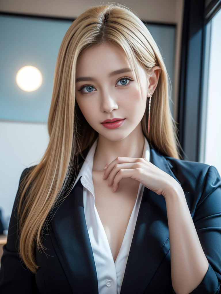 tmasterpiece,Highest image quality,super detailing,Enchanted smile,amazing face and eyes, cosmetics, (extremely detailed beautiful face), (The sexiest look), deep understanding,Naked of breast,(Best quality:1.4), (ultra - detailed), (extremely detaild的 CG unified 8k wallpapers), The content is very detailed, RAW photos, professional photoshooting, ((Open business suit)), (Open business shirt), Indoor and below, (Office room, Dark Night Classroom, rays of moonlight), (nigh sky), depth of fields,face flushed,raised eyebrow,Very shy,blond hair blue eyes,Female secretary,looking at viewert,Dreamcatcher earrings,epic,concept-art,