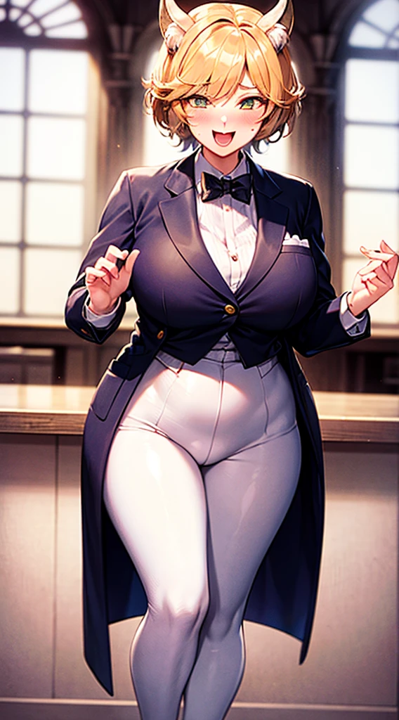(best quality, masterpiece:1), tuxedo, transformation, mid transformation, human male, Toriel, furry, standing, blushing, looking excited, voluptuous, (goat), digitigrade, clothes, BREAK (by zackary911, by braeburned, by haps),