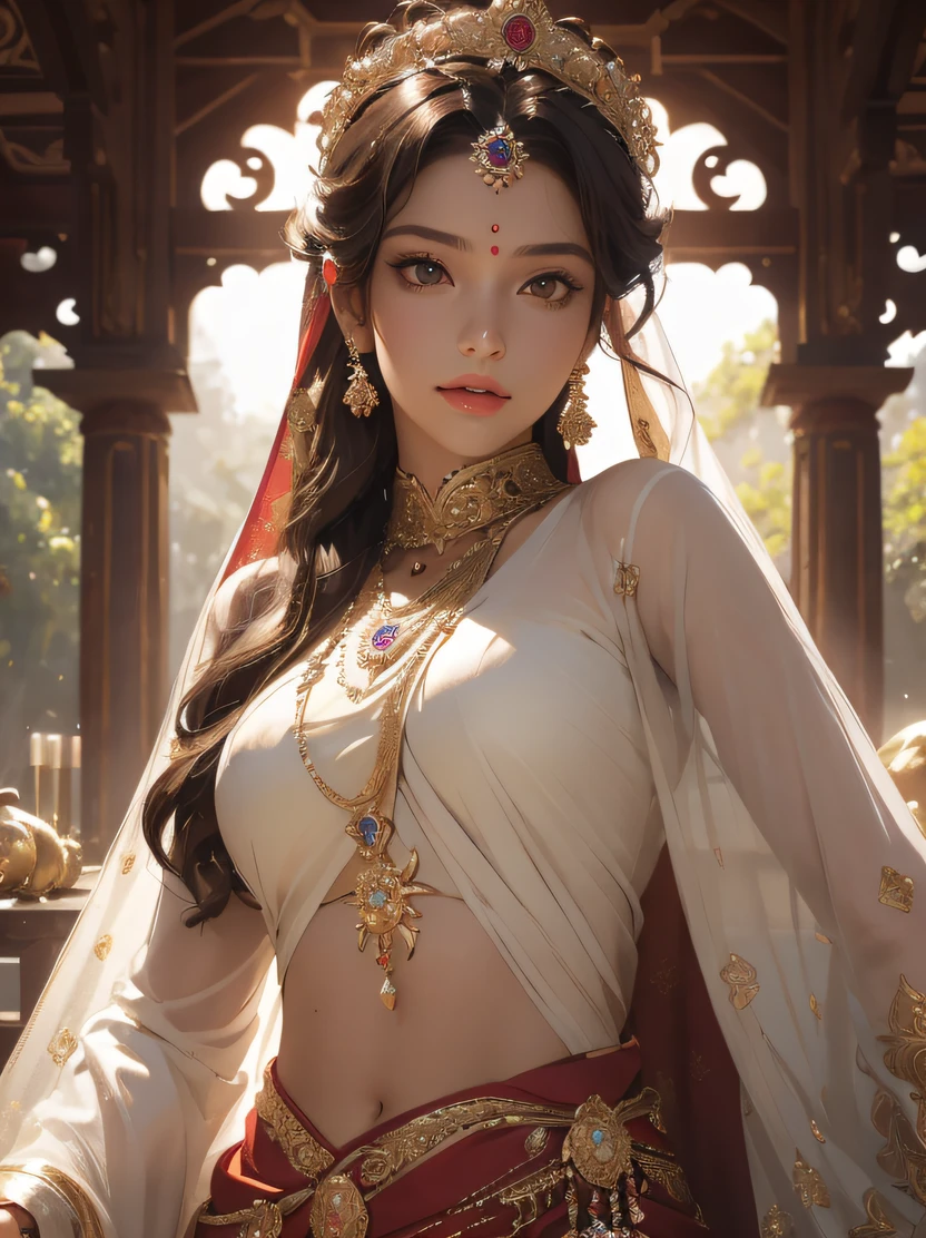 ((masterpiece、top-quality、realisitic、ultra-detailliert、hight resolution、Photorealsitic、foco nítido、lighting like a movie))、Stunning portrait of a beautiful woman、face lights、High brightness、Frontal lighting、cowboy shot、(Complex and beautiful facial features、Brown skin、Attractive body)、Modern Indian Goddess、(Transparent Red Sari)、Dynamic Pose、diadems、rich colours、Goddess of Heaven、Look at viewers、Accurate hand depiction、Detailed hand depiction