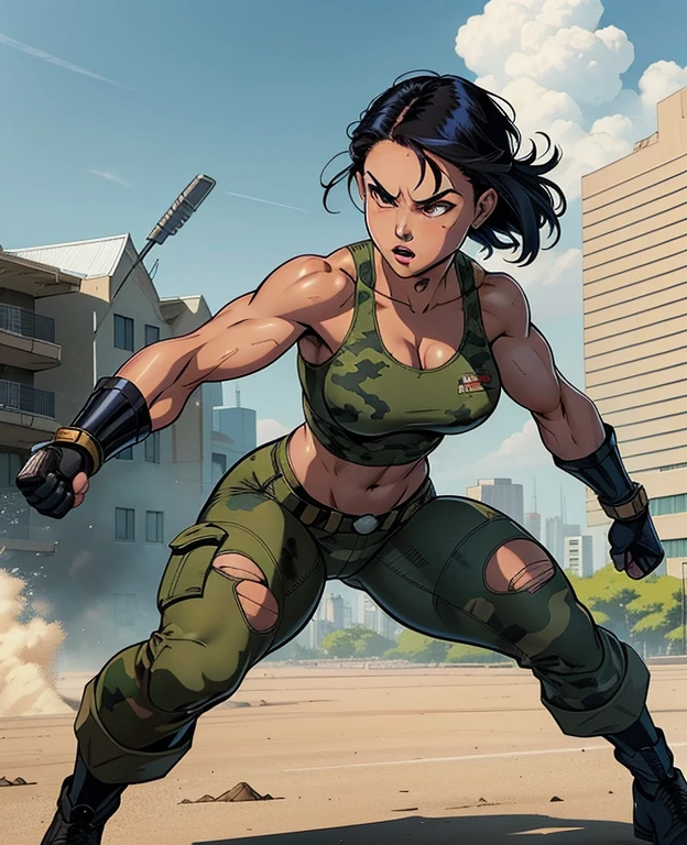 1girl, solo, Full body, 24 year old, Filipino Woman, tan skin, short black hair, wearing marine corps uniform, athletic body, strong muscles, military girl, soldier girl, infantry girl, camouflage uniform, torn tank top, belly button, gloves, torn military pants, small, cleavage, confident smirk, fierce expression, full body, perspective composition, exaggerated composition, perfect composition, perfect eyes, large perspective, dynamic composition, background is ruined city, portrait, (mature female),(shiny skin),((steaming body))