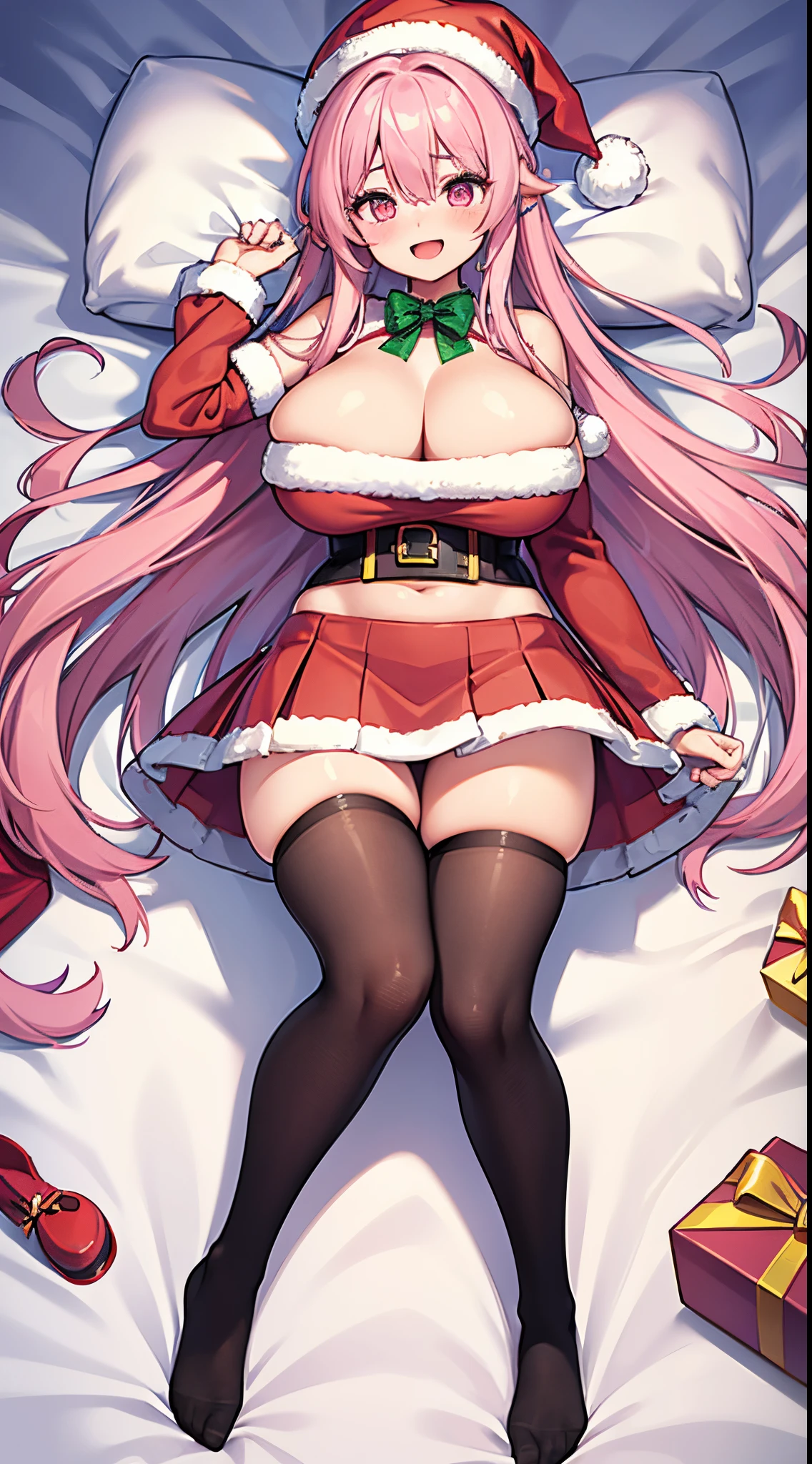 1 girl, game cg, Santa Claus clothes, short skirt, black stockings, Santa hat, gigantic breasts, pink hair, long hair, straight hair, ahoge, pink eyes, dakimakura, full body, smile, open mouth,