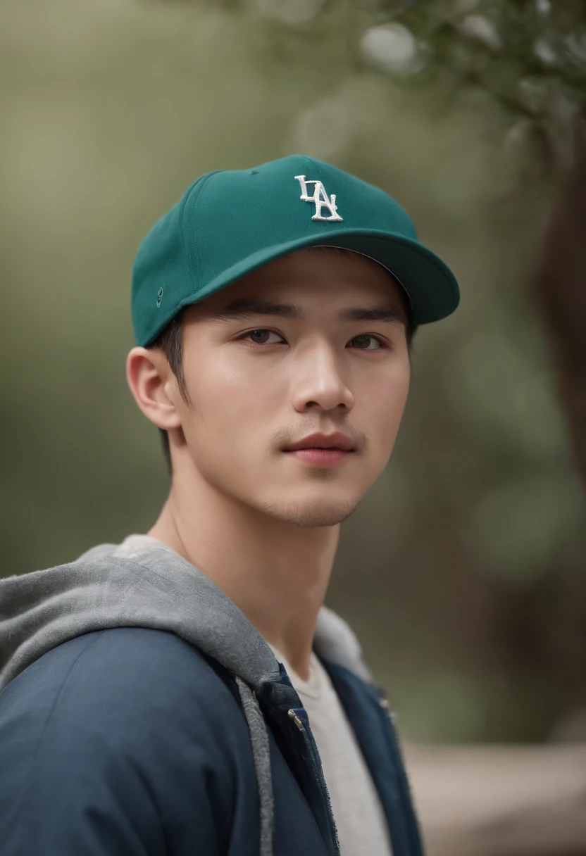 (((Best Quality, 8K))) Korean Race, light skinned, Male around 26 years old, Has blond hair, Medium length hair, styled hair, Distinctive green eyes, Wearing a blue baseball cap, Sharp jawline, Handsome, wearing a dark green jacket, no facial hair, Ultra Sharp Focus, realistic shot, Tetradic color