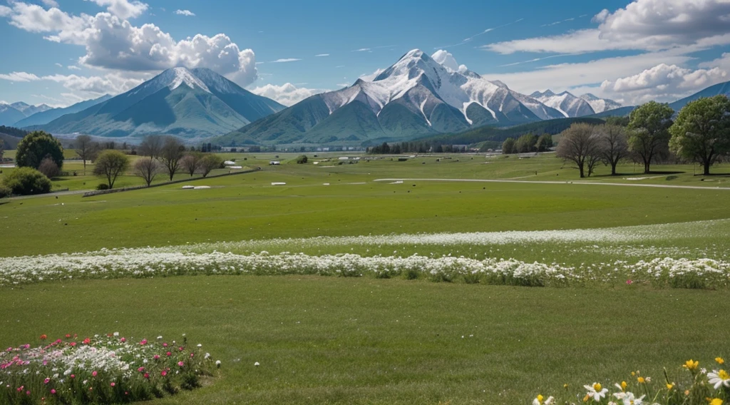 Flowers blooming on the green grass。There are mountains and lakes in the distance。The sun is shining,Blue sky and white clouds