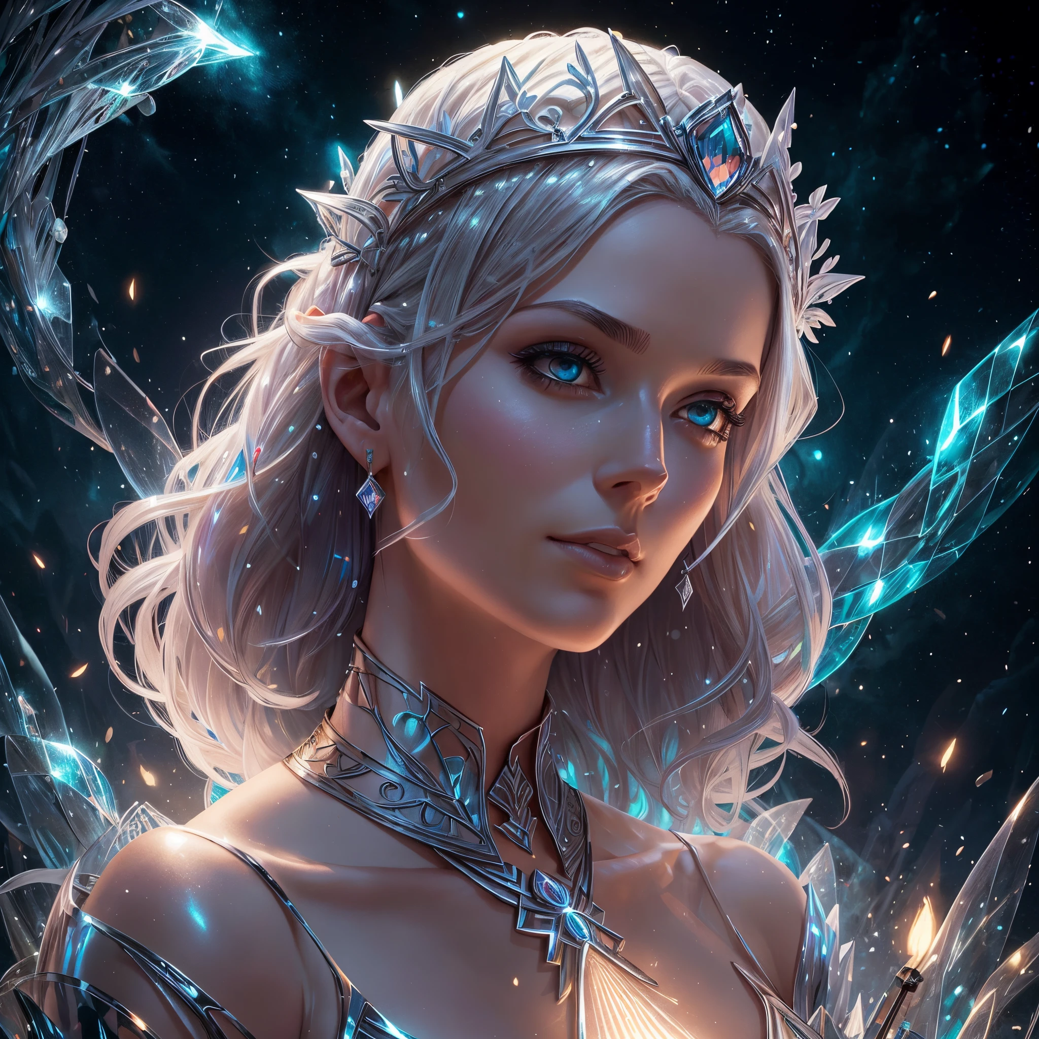 Uma Mulher com cabelo platinado:, em um vestido de flores de gelo, a beautiful crown on her head, Rosto detalhado, pele detalhada, frente, fundo floresta congelada, cobrir, Deszoom, Gargantilha, pintura hiperdetalhada, Luminismo, bar lighting, Complexo, 4k resolution concept art portrait by Greg Rutkowski, Artgerm, WLOP, Alphonse Mucha, little fusion pojatti realistic goth, fractal isometrics details bioluminescens : um atordoamento