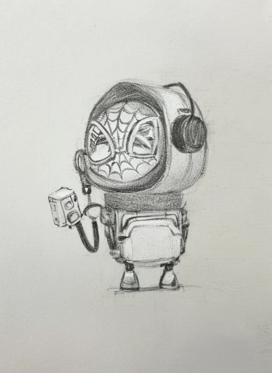A sense of future technology with a clock hanging on its face、Drawing of robot carrying backpack, anthropomorphic robot [ thing ], creepy explorer sketch, portrait of a small, octopus wearing a spacesuit, as an anthropomorphic turtle, gray anthropomorphic, Portrait of Spider-Man, Minions as Lovecraftian Monsters, pencil doodle, Portrait of Lucha Libre DJ