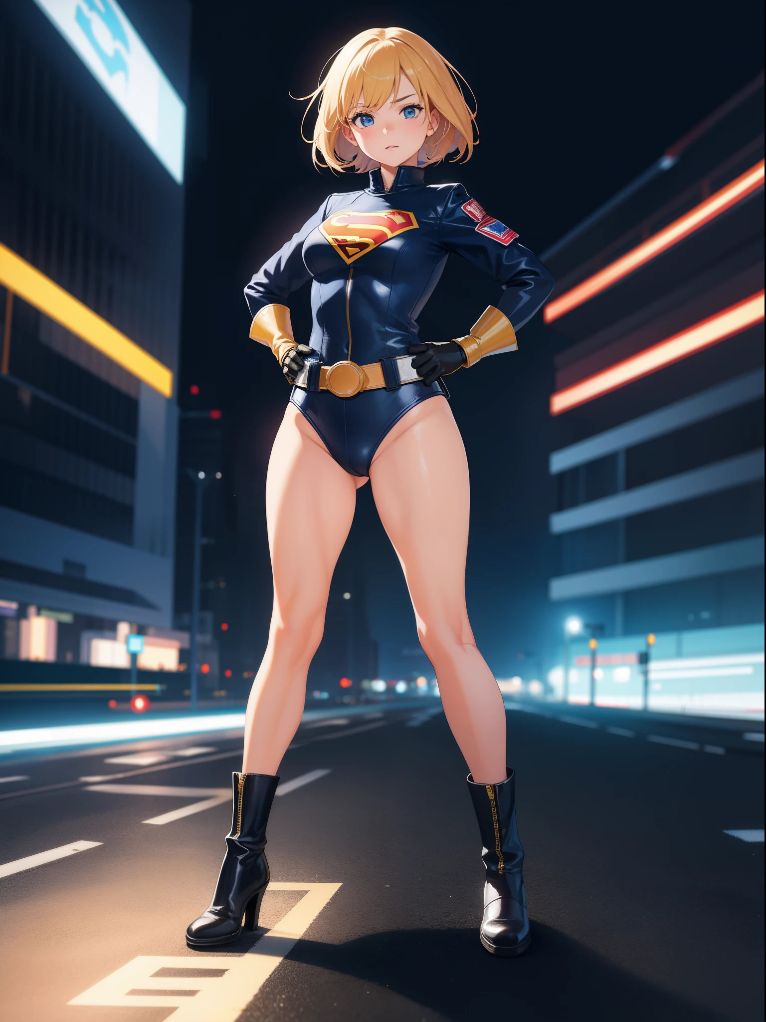 1girl, medium breasts, leotard, bare legs, tight belt, boots, gloves, city backdrop, solo, single, hands on hip, standing, energy emitting from her body, full body shot, cowboy shot, superhero, superpower