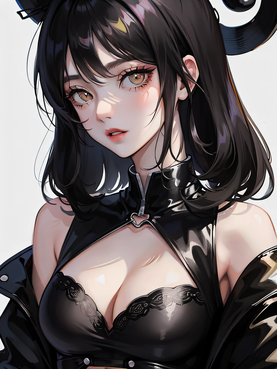Close-up cleavage, Anime manga girl, black hair color hair, 黑The eye, Blackn clothes, black cats