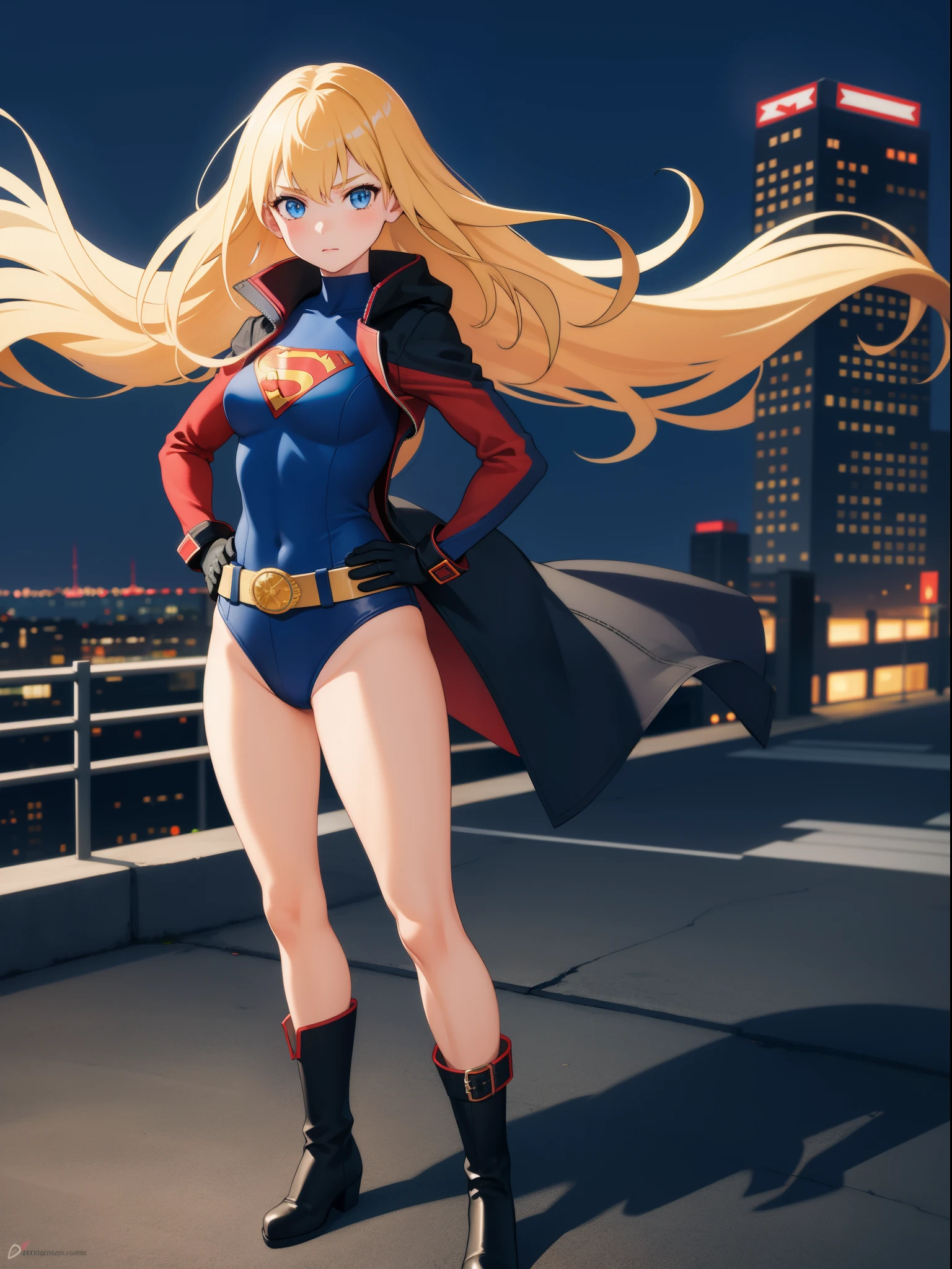 1girl, medium breasts, leotard, bare legs, tight belt, boots, gloves, city backdrop, solo, single, hands on hip, standing, energy emitting from her body, full body shot, cowboy shot, superhero, superpower