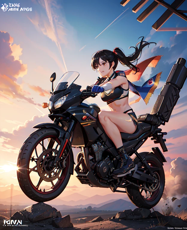Full body, hq artwork, 24 year old, Filipino Woman, tan skin, short black hair, wearing marine corps uniform, athletic physique, strong muscles, military girl, soldier girl, infantry girl, camouflage uniform, torn tank top, belly button, gloves, torn military pants, small, cleavage, expression of determination, attack action, face close-up, action with impact, fighting on the battlefield, full body, background is ruined city, most strongest pose, female action anime girl, full body, striking manga artstyle, official art, official artwork, power girl, closeup view, badass pose, anime cover, wallpaper!, full art