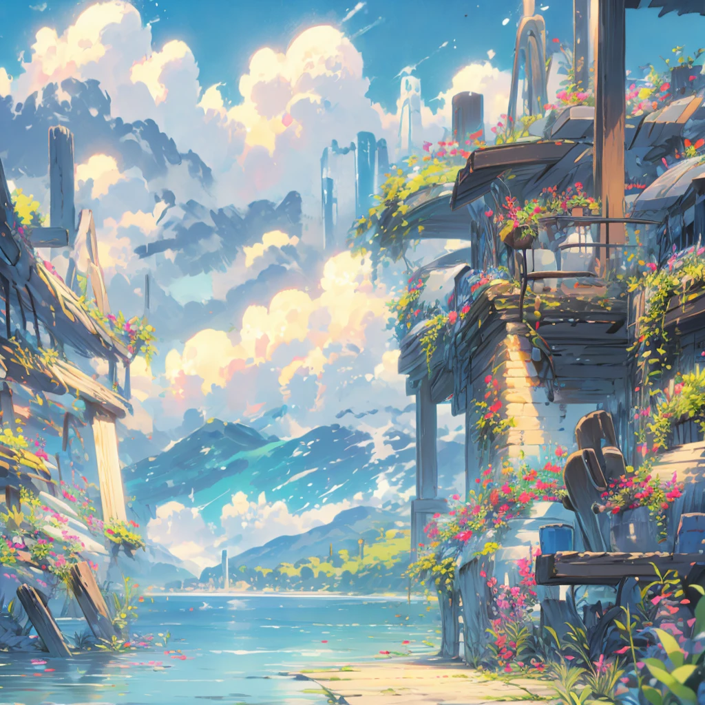 desert city，Cities surround plants and water，Colorful exotic city，girl wearing black cloak，Standing next to an elk，Looking at the city in the desert
