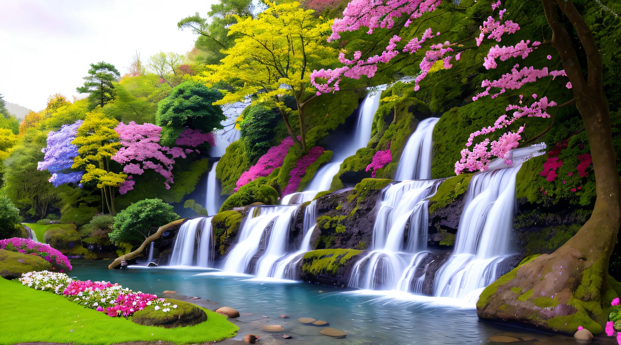 a painting of a waterfall with colorful flowers and green leaves, flowers and waterfalls, peaceful beautiful waterfall, beautiful wallpaper, beautiful stunning waterfall, very beautiful photo, amazing wallpaper, beautiful waterfall, waterfall background, pink waterfalls, hd wallpaper, beatiful backgrounds, waterfall(beautiful, nature wallpaper, stunning waterfall, amazing background, anime nature wallpap, beautiful nature, with trees and waterfalls