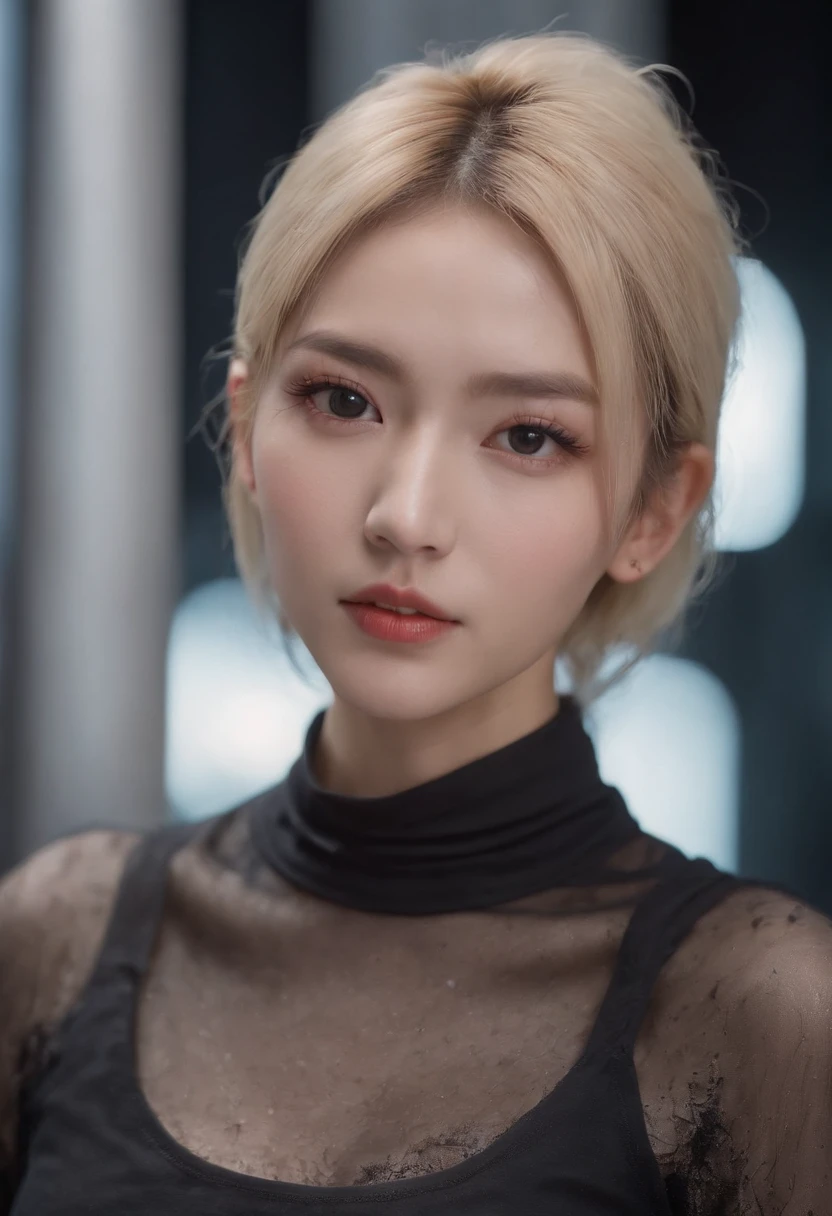 Hwang Hyun Jin full face portrait photo, beautiful man, Strawberry Lip Half Open, dimples, Melancholy gaze, Big pupils, sharp eyes like a fox, big eyelashes, beautiful man (extra short blonde hair), ((详细的脸)), ((detailed facial features)), (finely detailed skin), pale-skinned, (Detailed high-tech cyberpunk T-shirt with deep neckline), Cyberpunk environment cyberpunk mega city,  (cool color), a sultry, a sultry, Reflectors, (Master Parts) (Perfect aspect ratio) (photos realistic) (Best Quality) (detailliert) Shot with Canon EOS R5, 50 millimeters, F/2.8, nffsw, (8K) (wall-paper) (Cinematic lighting) (Dramatic Lighting) (foco nítido) (Convoluted)