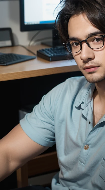 A young man sitting with a book in his hand，Wearing glasses，The background is a computer studio，Very detailed details，highest  quality，Full face
