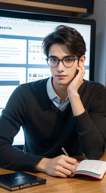 A young man sitting with a book in his hand,Wearing glasses,The background is a computer studio,Very detailed details,highest quality,Full face