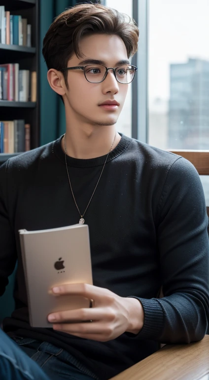 A young man sitting with a book in his hand,Wearing glasses,The background is a computer studio,Very detailed details,highest quality,Full face