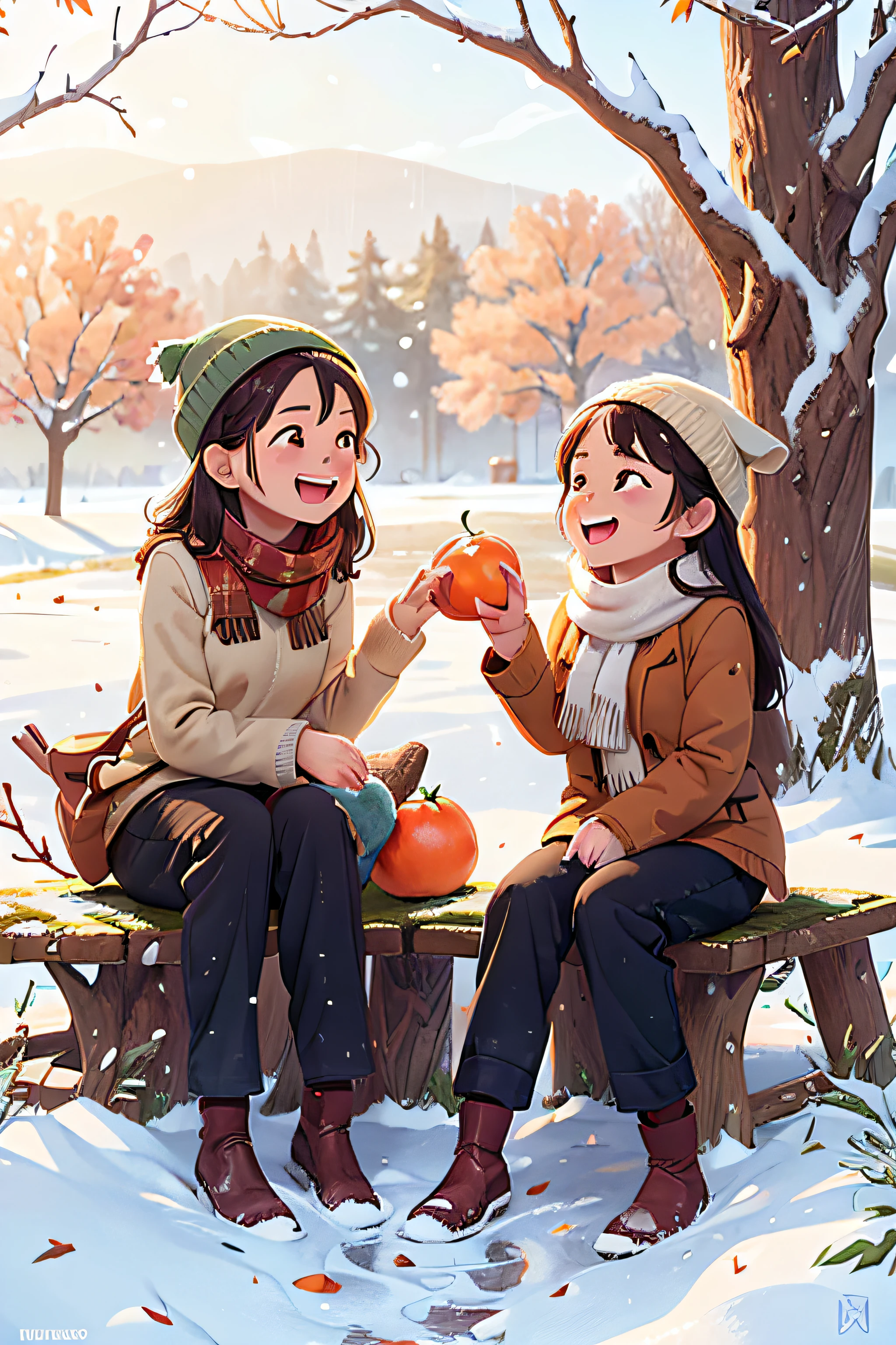 (realistically:1.37),Sitting under the persimmon tree with friends,Sitting on the old tree trunk,Open your mouth and laugh,closeup of face,Wear long-sleeved trousers,Wearing a scarf and woolen hat,snowflakes on tree,Persimmons in hand,((season winter)),,light wind,(It snowed heavily:1.0),,snow landscape,Vibrant sunshine,joyful expressions,bond of friendship,relaxing atmosphere,serene environment,lively conversation,A satisfied smile,laughter echoes,Moments of happiness,There is a persimmon tree next to it ,(The trees are covered with persimmons),Happy sharing,Cheerful ambiance,Fun interaction,pleasant smell,lindo cenario,harmonious connection,Big breasts are beautiful,lighthearted conversation,warm sunlight,,Quiet environment,dance reflection,,,gentle ripples,Tranquility in the air,Memories are full of laughter,winter happiness,Ski slopes,It was snowing heavily in the sky,Snow resort,Thick snow,
