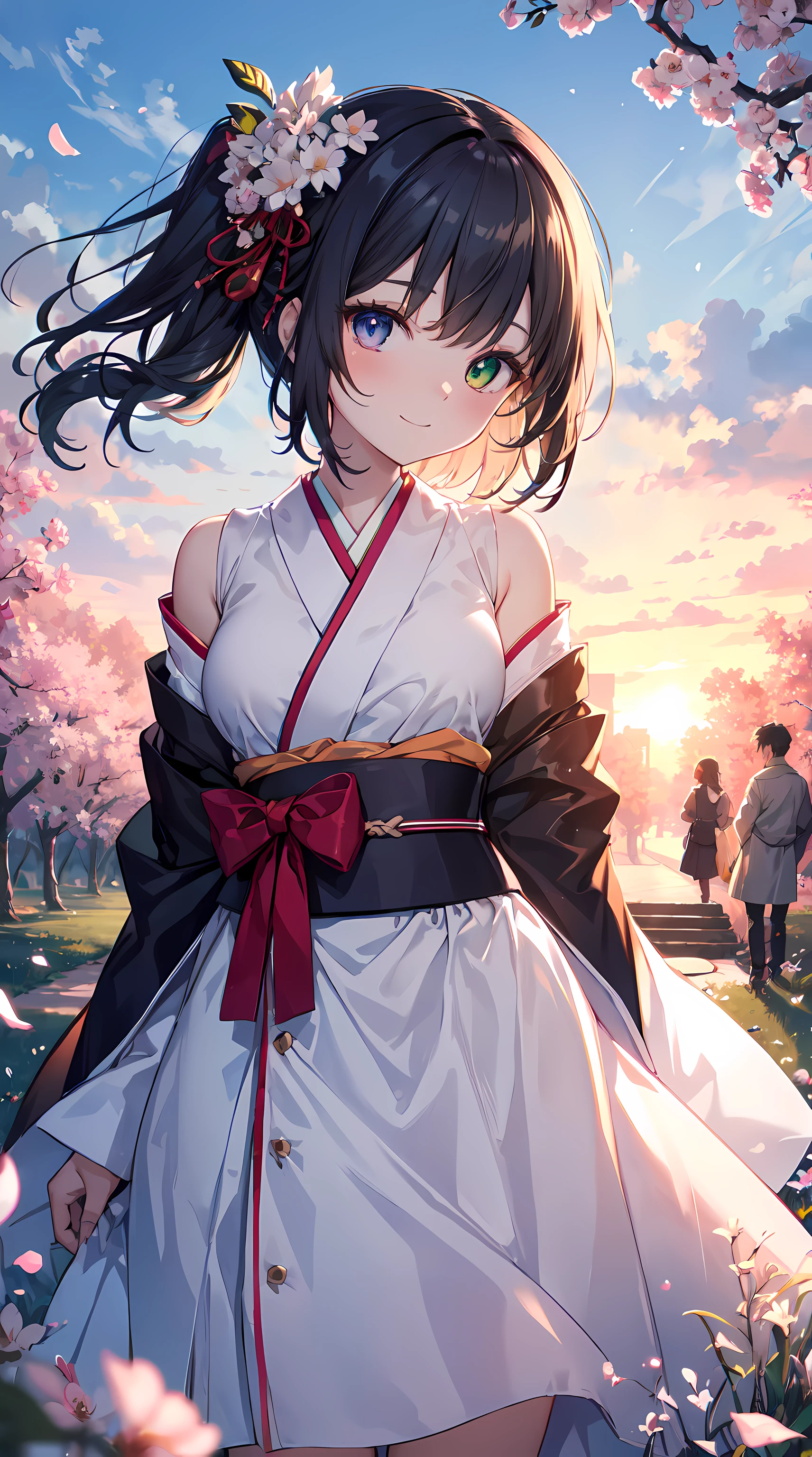 (blooming flower,early summer),Green meadow, bright sun light, the sunset, Forest path, Delicate petal texture, Fluttering skirts, Cute bow, Natural wind, light wind, Happy smile, Homely atmosphere, Happy family, sweet intimate moments, Highly saturated colors, The hue of the gradient, Harmony of light and shadow, Natural soft light, Brilliant rainbow, detailed descriptions, Vivid painting effect,(ultra - detailed, actual), Vibrant colored hair, shinny hair, hair parted back, hair pin, Colored eyes, glowing light eyes, Heterochromia, ear nipple ring, shyexpression, The face is red, covered mouth, Enchanted smile, Japanese anime, ray traycing, hyper HD, tmasterpiece:1.2, Anatomically correct, ctextured skin, ultra - detailed, high high quality, high detal, Best quality, A high resolution, 16k