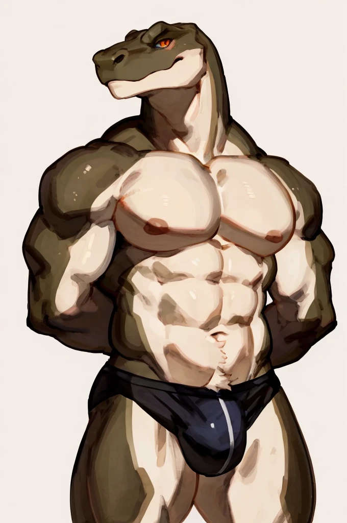 Solo, Furry, Anthro, Komodo dragon, Male, E621, Standing, Muscular, Hands behind back, Wearing underwear, Plain background, Front view, Light skin, By buta99