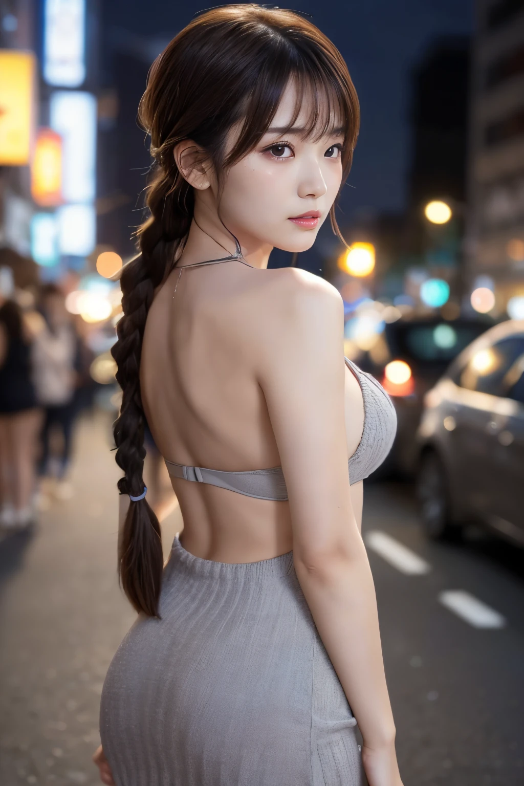 ((Best Quality　8K Masterpiece)) Japanese ido　a beauty girl　18year old　((beautiful symmetrical eye　shiny plump lips))　Short wavy brown hair with bangs　((Shot from the side　sexypose　Looking at the camera))　　(Form-fitting gray knit dress with braids:1.2)　(The  is open:1.2)　(You can see from the back to the :1.4)　(no-bra:1.3)　Downtown alley at night　Night view of Shinjuku　Duck mouth　glowy skin　close up of face　Teary-eyed