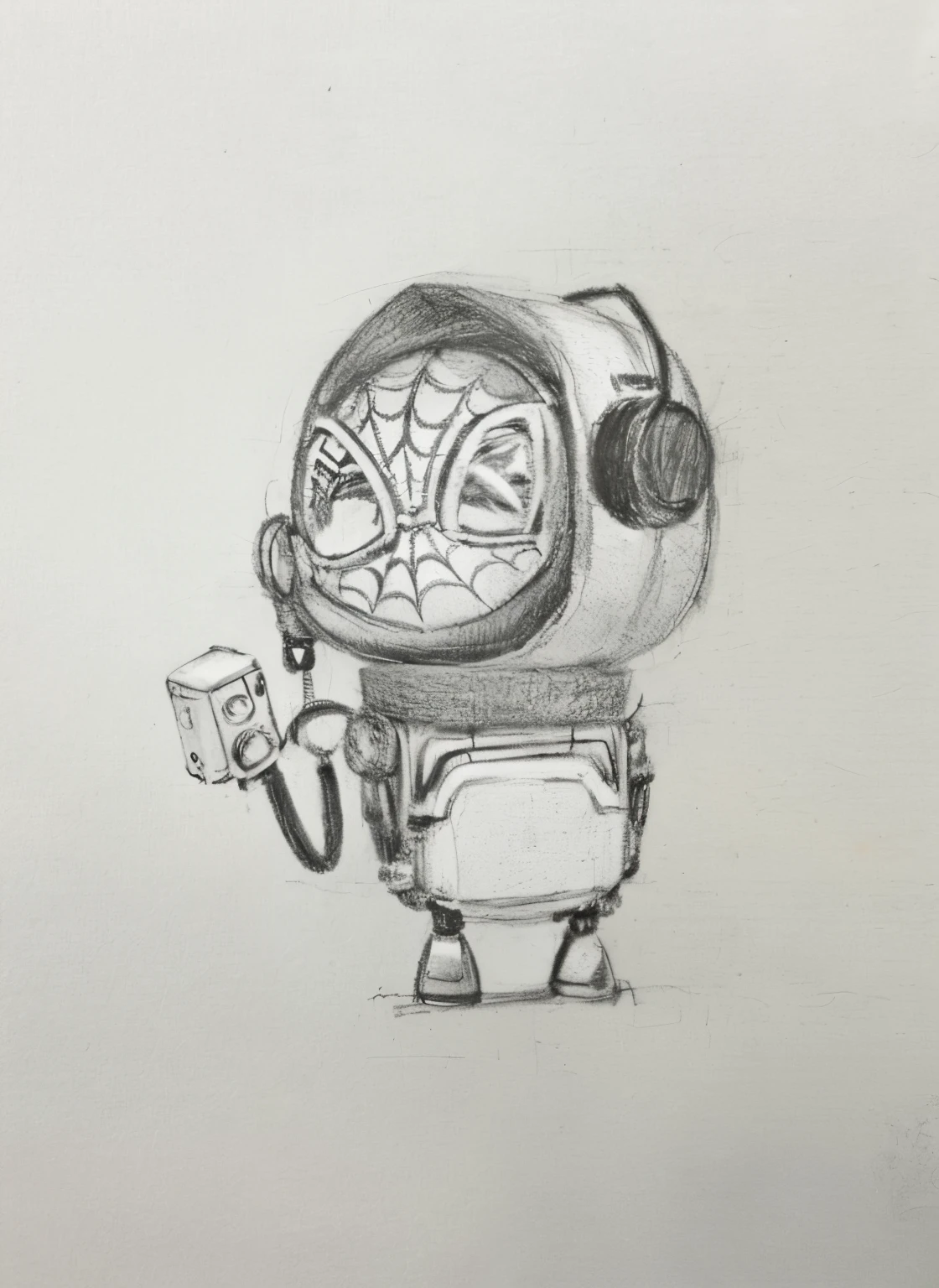 A sense of future technology with a clock hanging on its face、Drawing of robot carrying backpack, anthropomorphic robot [ thing ], creepy explorer sketch, portrait of a small, octopus wearing a spacesuit, as an anthropomorphic turtle, gray anthropomorphic, Portrait of Spider-Man, Minions as Lovecraftian Monsters, pencil doodle, Portrait of Lucha Libre DJ