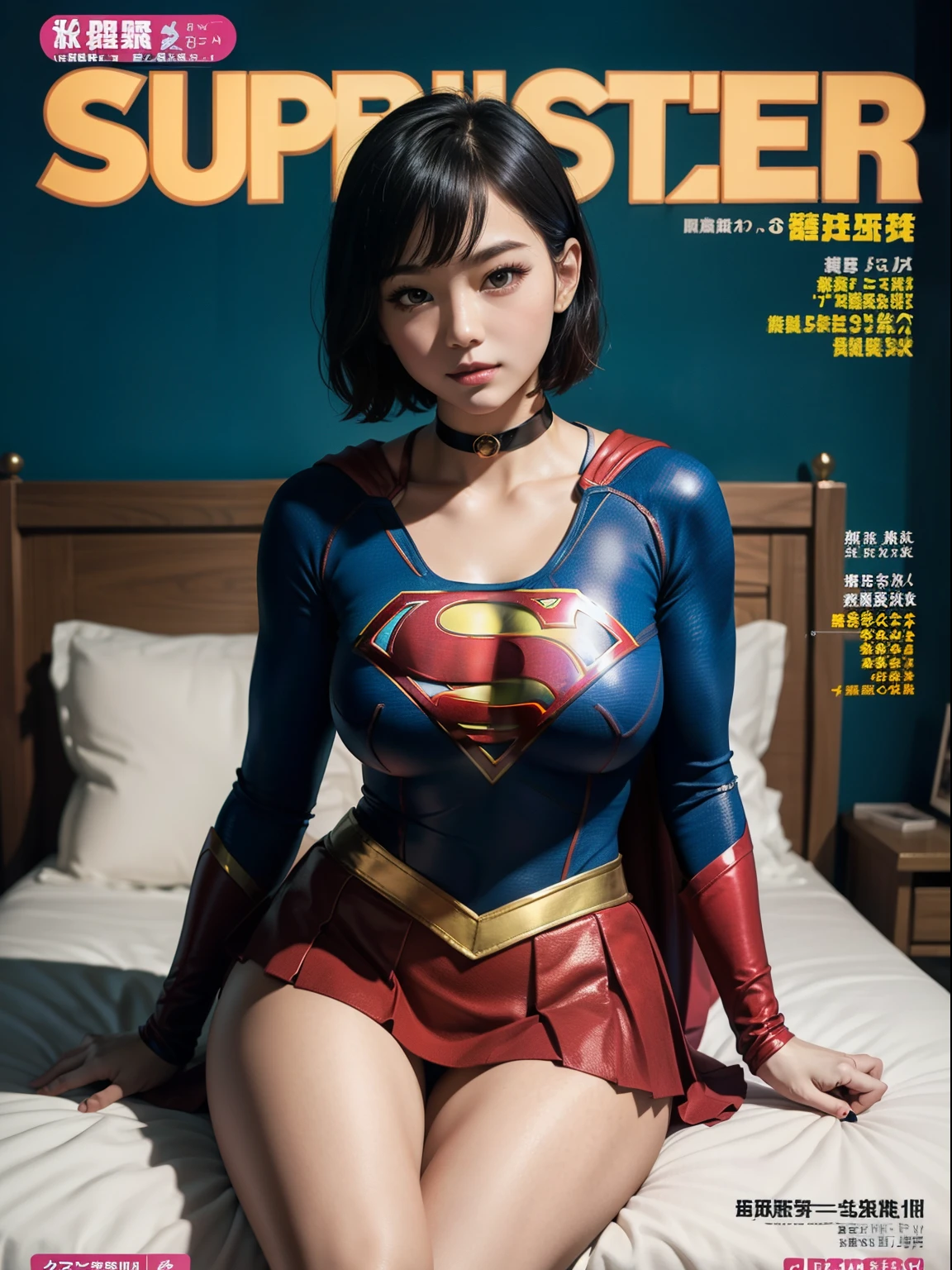 Super masterpiece,Short-haired Supergirl sitting on bed、Plump breasts、Looking at the camera、a choker、bare-legged、Weekly magazine cover、Cheerful pose、highleg、a miniskirt、Tight costumes、seduces、Large open legs、Obscene、Show a glimpse