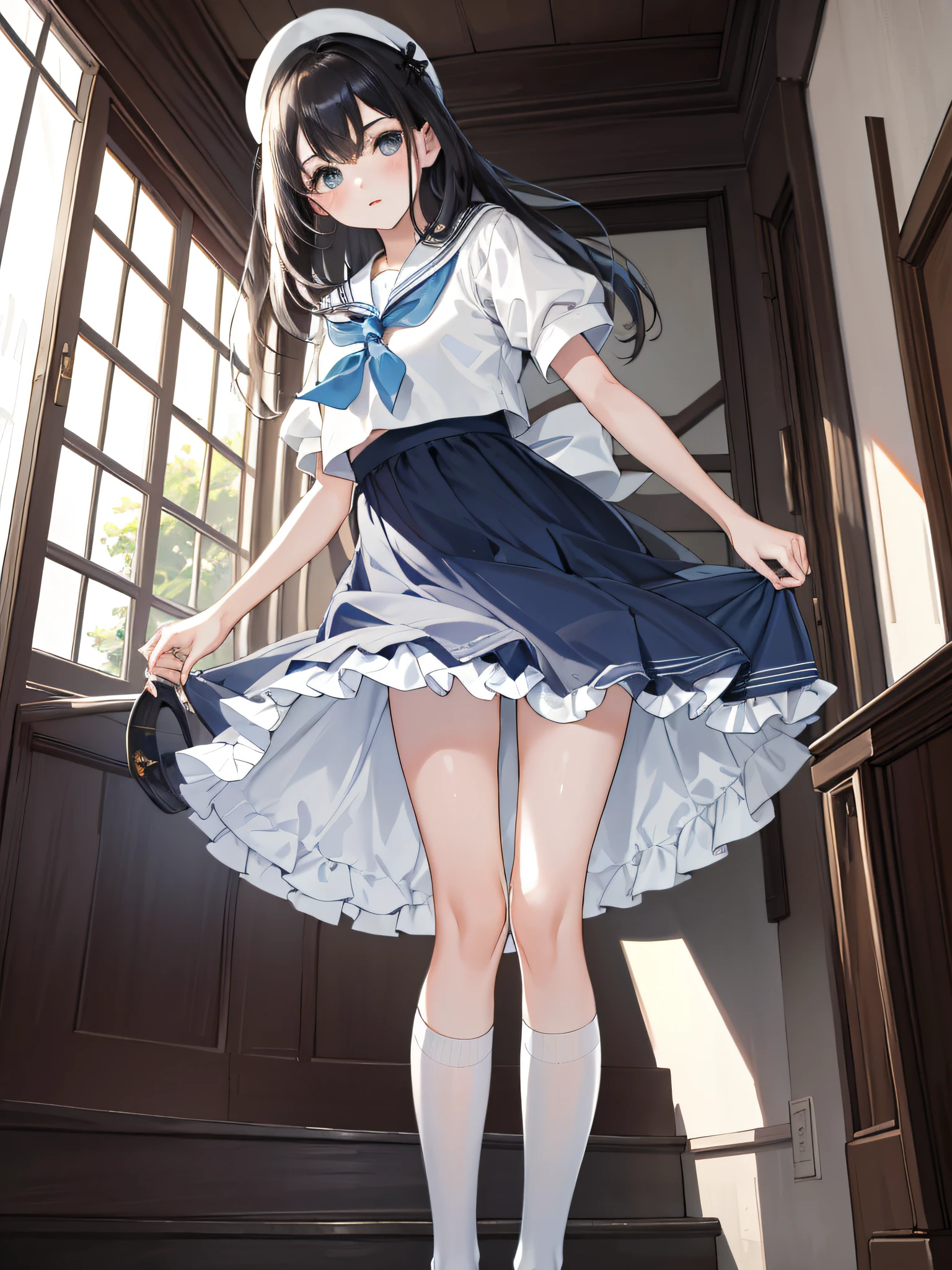 (8K、Raw photography、Top image quality、​masterpiece:1.2)、(realisitic、Photorealsitic:1.37)、The ultra-detailliert、(Details Beautiful Girl:1.4)、Beautiful girl in her 20s、Cute colored sailor suit、White sailor color、Plaid pleated skirt、（frombelow）Under the skirt、Under the skirt、（Close-up of underwear from below）、frombelow、is standing、ass forcus、Cold eyes、troubled look、petticoat、high socks、in a house、Cute colored pants、Panchira、pantie shot