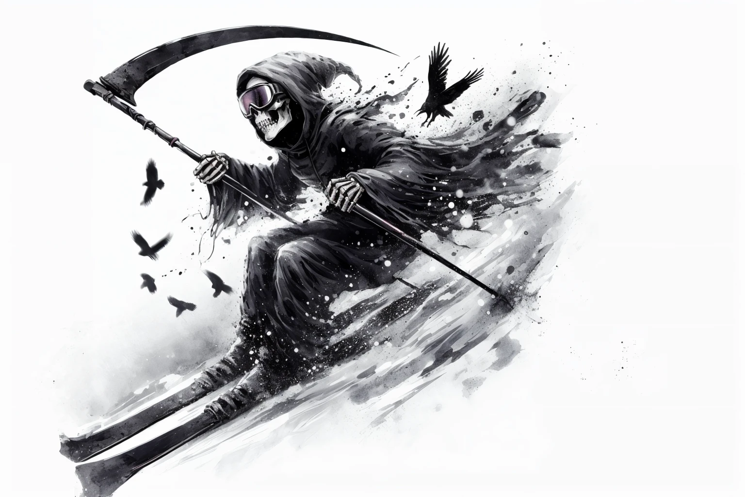 the grim reaper skeleton holding a scythe while skiing down a slope in a dark anime watercolor painting style, wearing ski goggles, white background, crows, gritty textures, motion blur, black and white