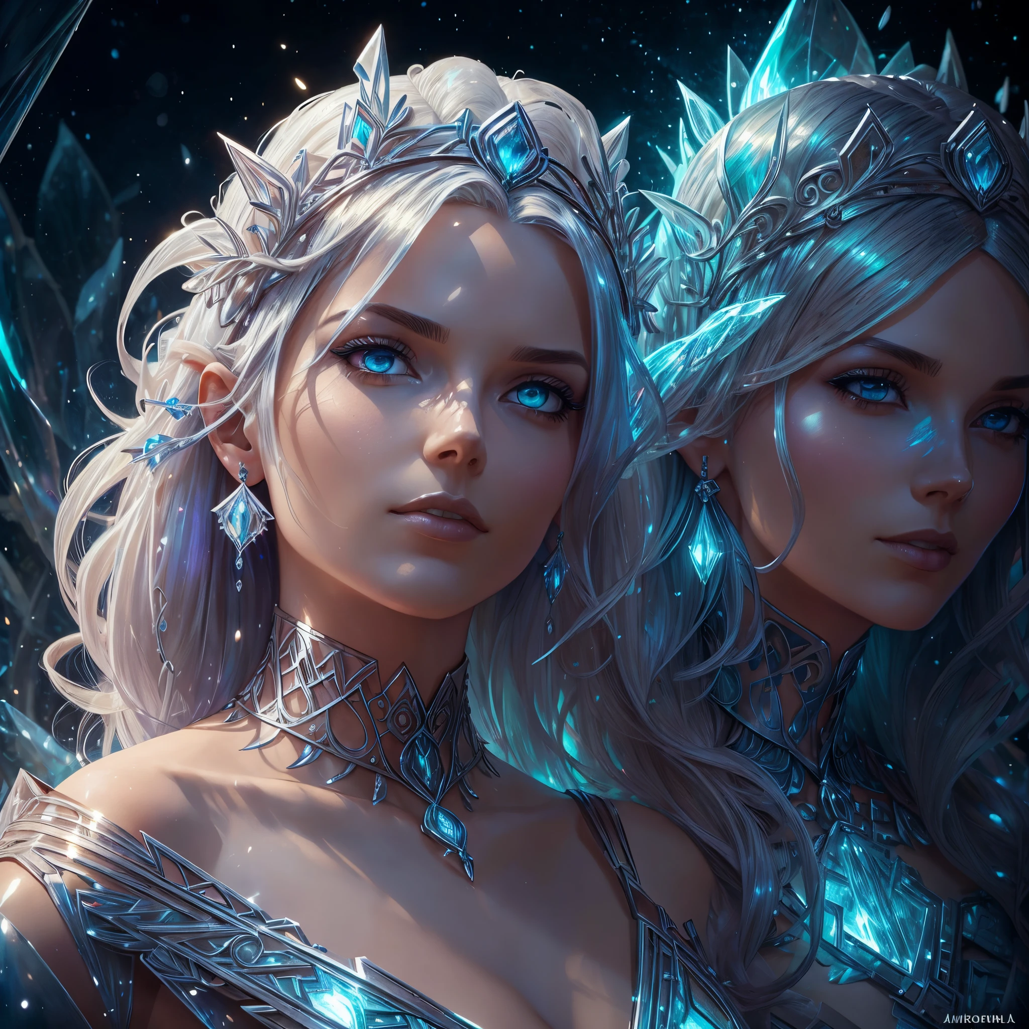 a beautiful detailed young woman, 2 girls, shiva, twins, final fantasy xiii, dynamic pose, goddess of ice, snow environment, icy blue color palette, ethereal, glowing energy aura, dramatic lighting, intricate detailed ice armor, beautiful detailed eyes, beautiful detailed lips, extremely detailed face and features, long eyelashes, cinematic, fantasy, (best quality,4k,8k,highres,masterpiece:1.2),ultra-detailed,(realistic,photorealistic,photo-realistic:1.37),concept art
