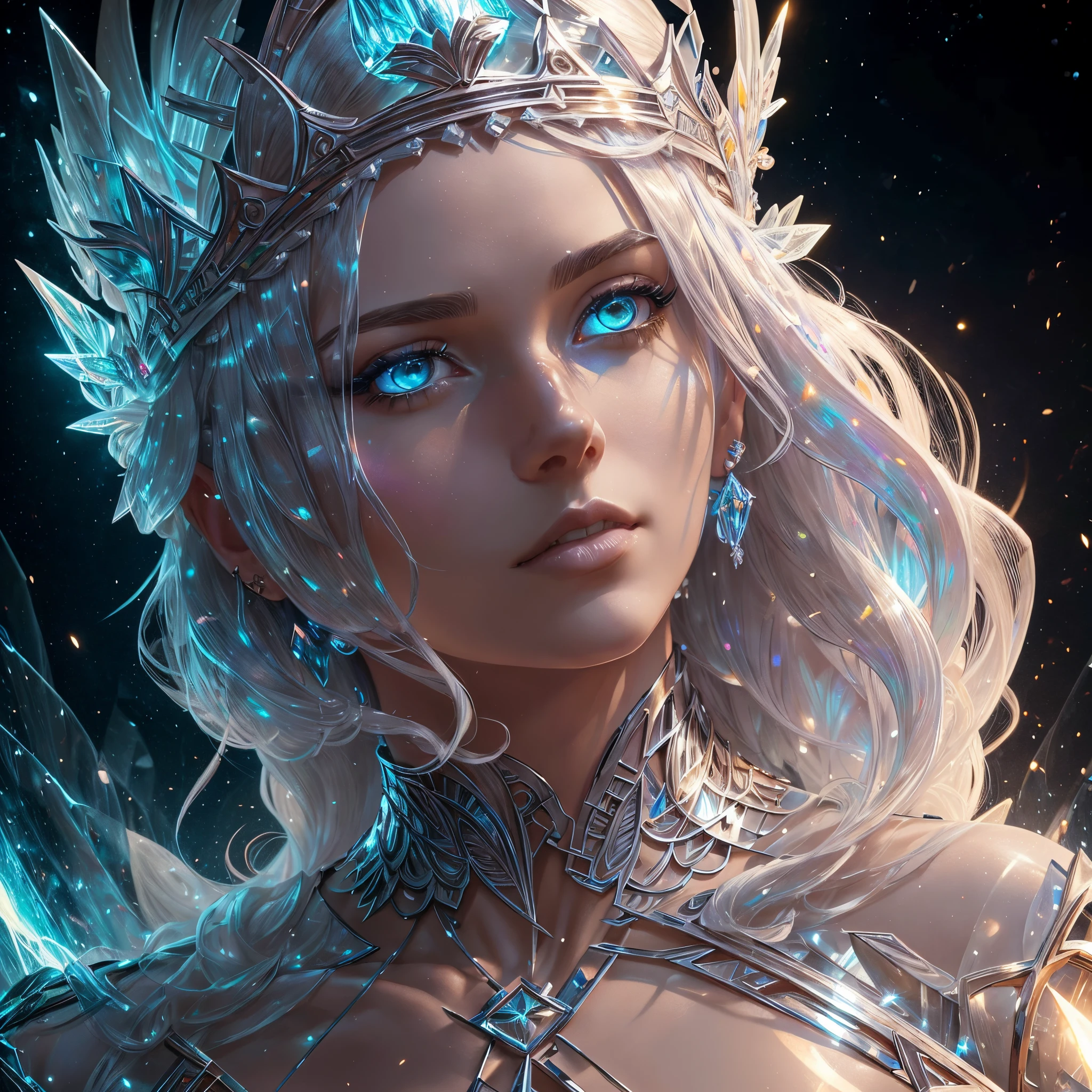 Uma Mulher com cabelo platinado:, em um vestido de flores de gelo, a beautiful crown on her head, Rosto detalhado, pele detalhada, frente, fundo floresta congelada, cobrir, Deszoom, Gargantilha, pintura hiperdetalhada, Luminismo, bar lighting, Complexo, 4k resolution concept art portrait by Greg Rutkowski, Artgerm, WLOP, Alphonse Mucha, little fusion pojatti realistic goth, fractal isometrics details bioluminescens : um atordoamento