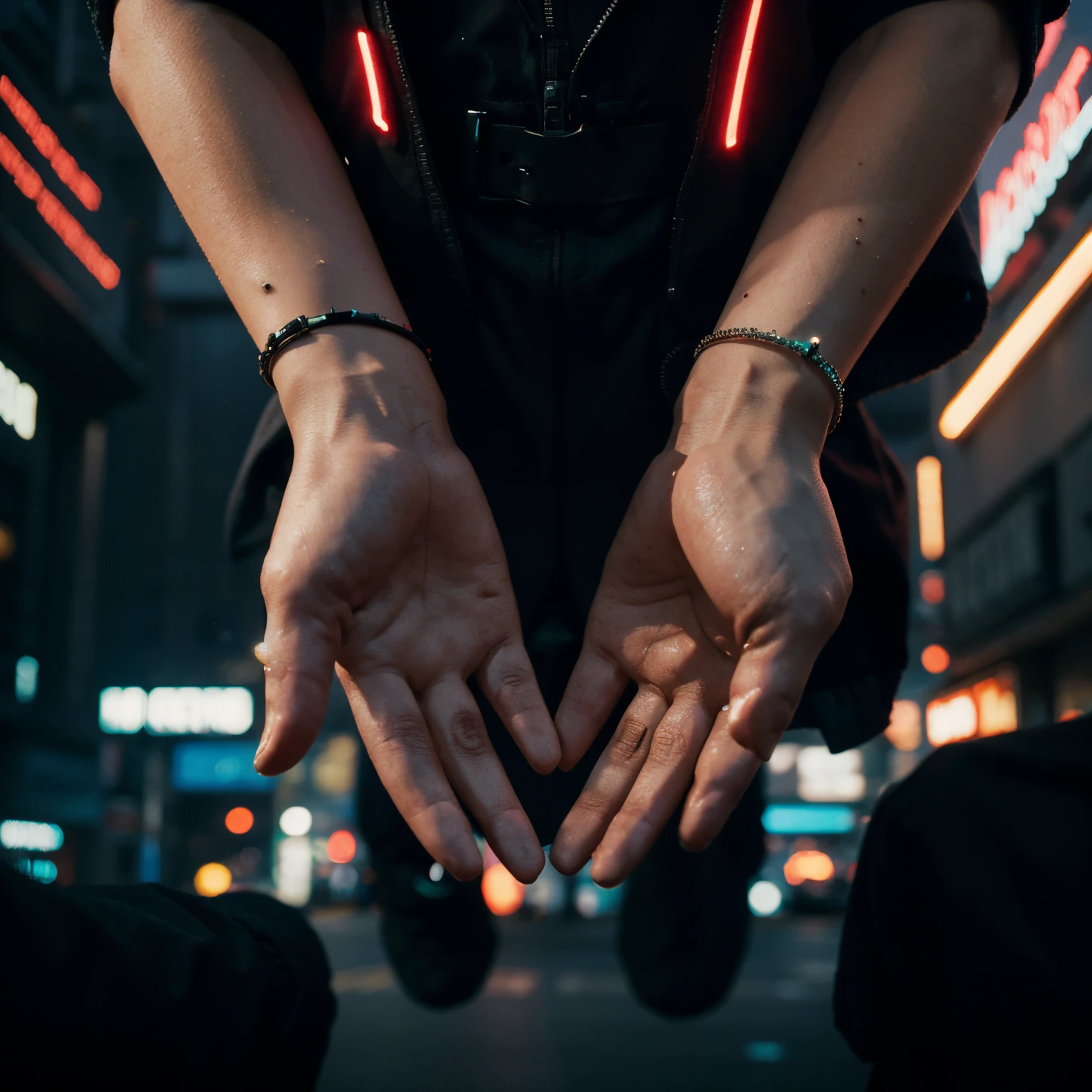 a person&#39;s hands, just hands with nothing, just focus on your hands,em uma cidade cyberpunk neon, observation only of isolated hands without any body