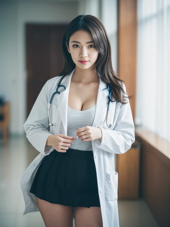 Photorealistic beautiful doctor、stunningly beautiful、doctors white coat, Doctor Fashion、(top-quality、8K、32K、masterpiece、nffsw:1.3)、超A high resolution,(Photorealsitic:1.4),Raw photography, Detailed face,,Beautiful long hair, ((Doctor Style)), , tight skirts、 Natural makeup, Breast cleavage, large full breasts、inside hospital, Detailed background, Perfect Lighting, depth of fields, Beautiful shadow gradient,stethoscope , (((fullllbody))), Full body capture, fullllbody, Legs wide open, Open legs, Black pubic hair, look to the camera, Eye for detail, Beautiful eyes,Doing pieces by hand,