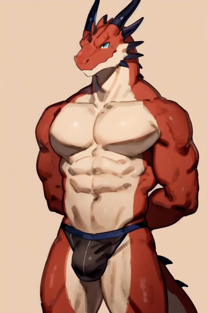 Solo, Furry, Anthro, Dragon, Male, E621, Standing, Muscular, Hands behind back, Wearing underwear, Plain background, Front view, Light skin, By buta99