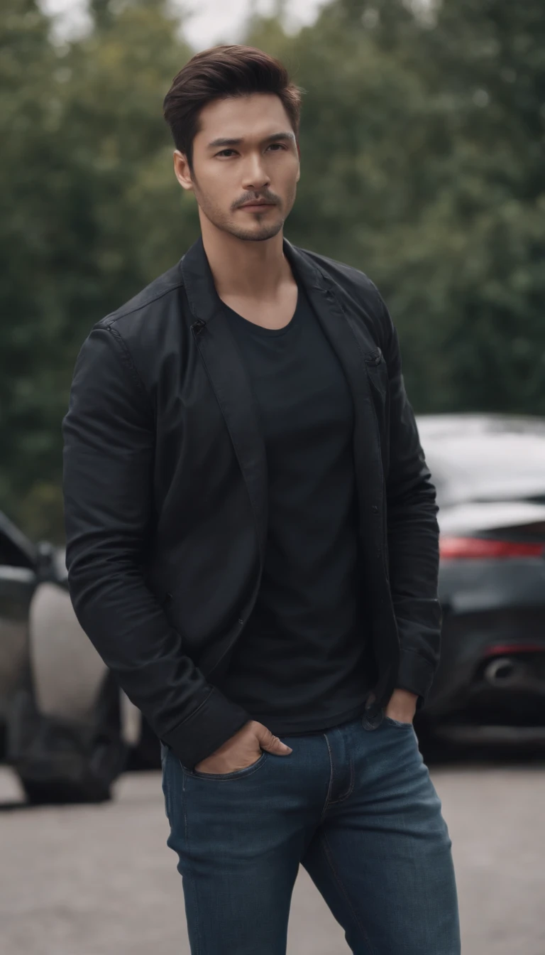 standing near supercar、put a helicopter over him、Physically good boy in black shirt jeans and dark jacket looking great , slightly noticeable amount , Black eyes , light beard