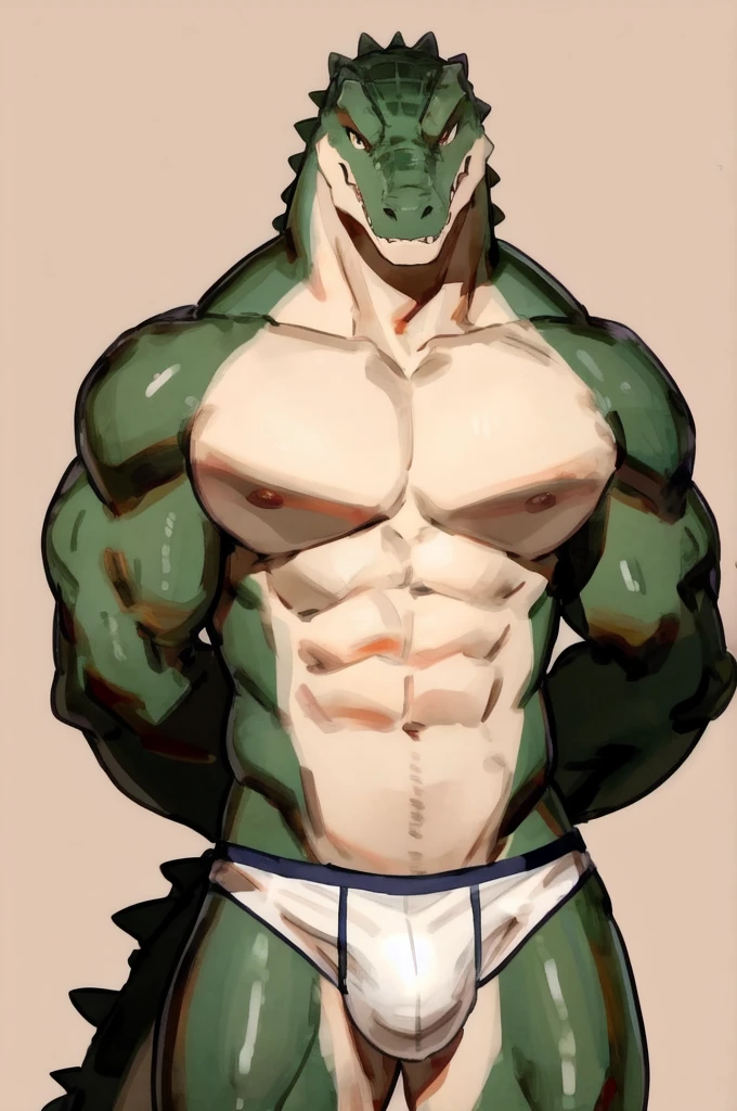 Solo, Furry, Anthro, Crocodile, Male, E621, Standing, Muscular, Hands behind back, Wearing underwear, Plain background, Front view, Light skin, By buta99