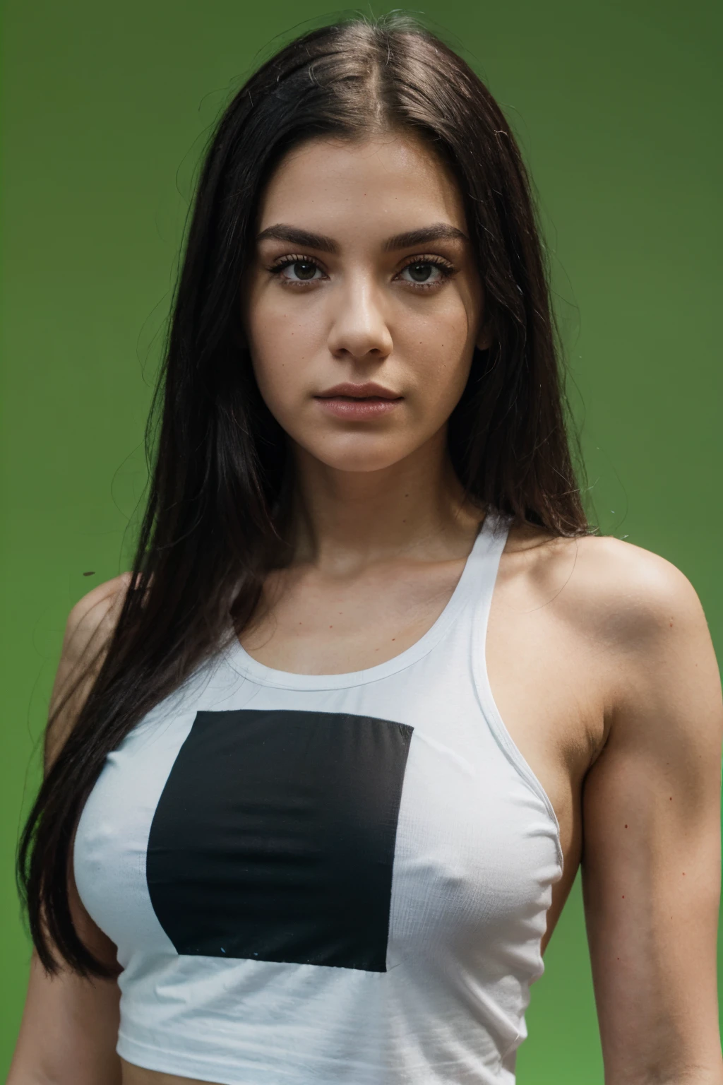 Now make a white influencer with an all-black t-shirt and an attractive face, with muscular arms with frontal image green background color in chroma key ultra realistic 4k human.