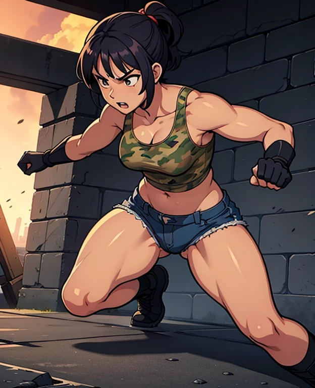 Full body, hq artwork, 24 year old, Filipino Woman, tan skin, short black hair, wearing marine corps uniform, athletic physique, strong muscles, military girl, soldier girl, infantry girl, camouflage uniform, torn tank top, belly button, gloves, torn military pants, small, cleavage, expression of determination, attack action, face close-up, action with impact, fighting on the battlefield, full body, background is ruined city, most strongest pose, female action anime girl, full body, striking manga artstyle, official art, official artwork, power girl, closeup view, badass pose, anime cover, wallpaper!, full art
